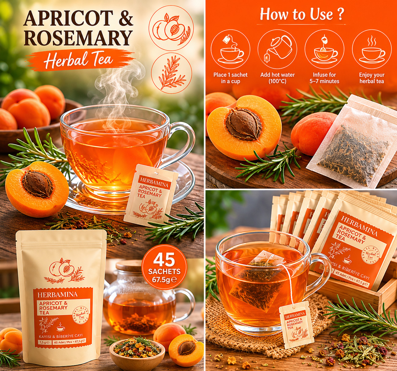 Herbamina Apricot & Rosemary Herbal Tea 45 Sachets 67.5g Turkish Herbal Blend