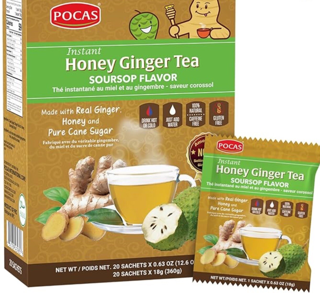 Pocas Honey Ginger Tea original Made w/ Real Ginger &Pure Cane Sugar 20 Bag In