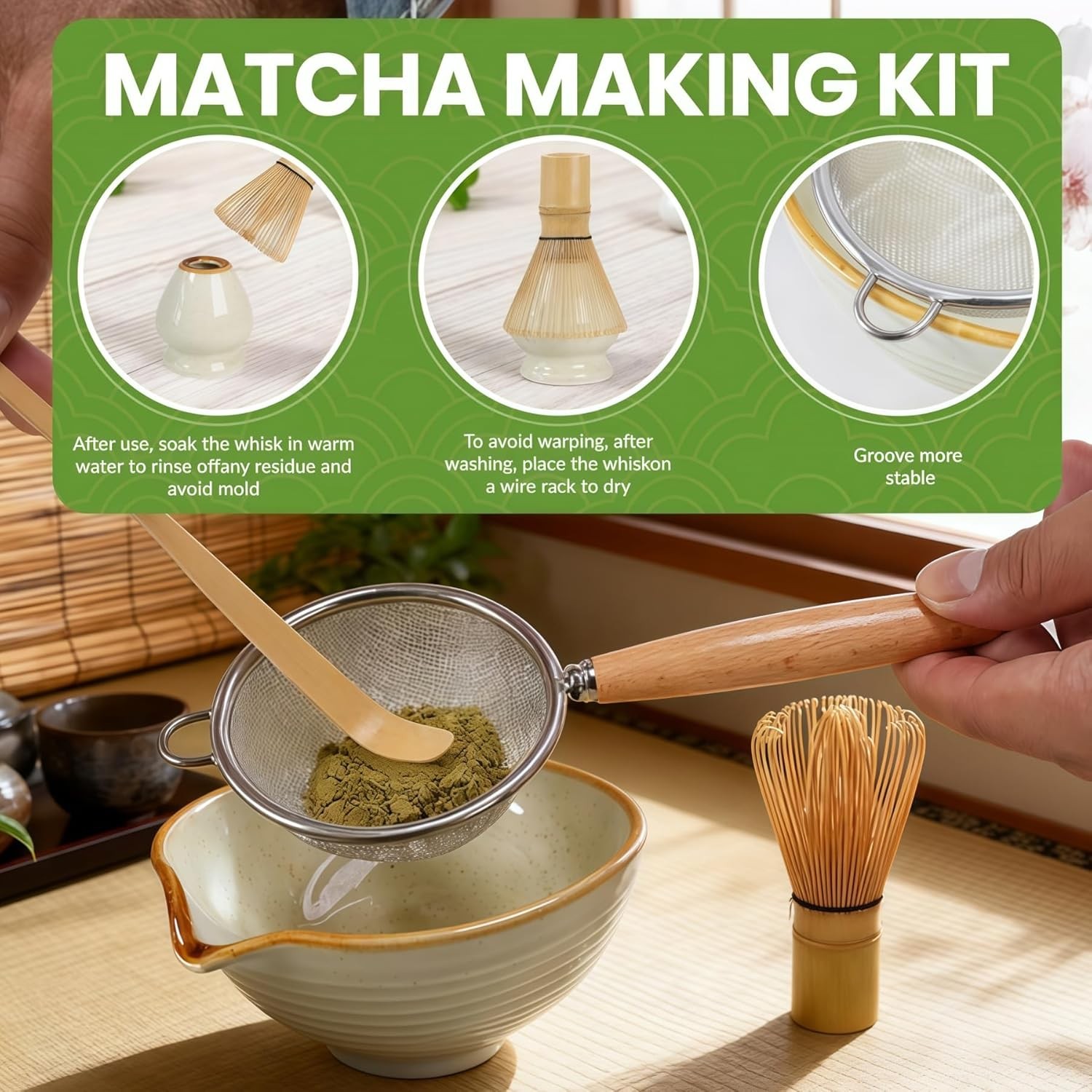 Matcha Whisk Set 7 Pcs, Japanese Making Kit with Ceramic yellow