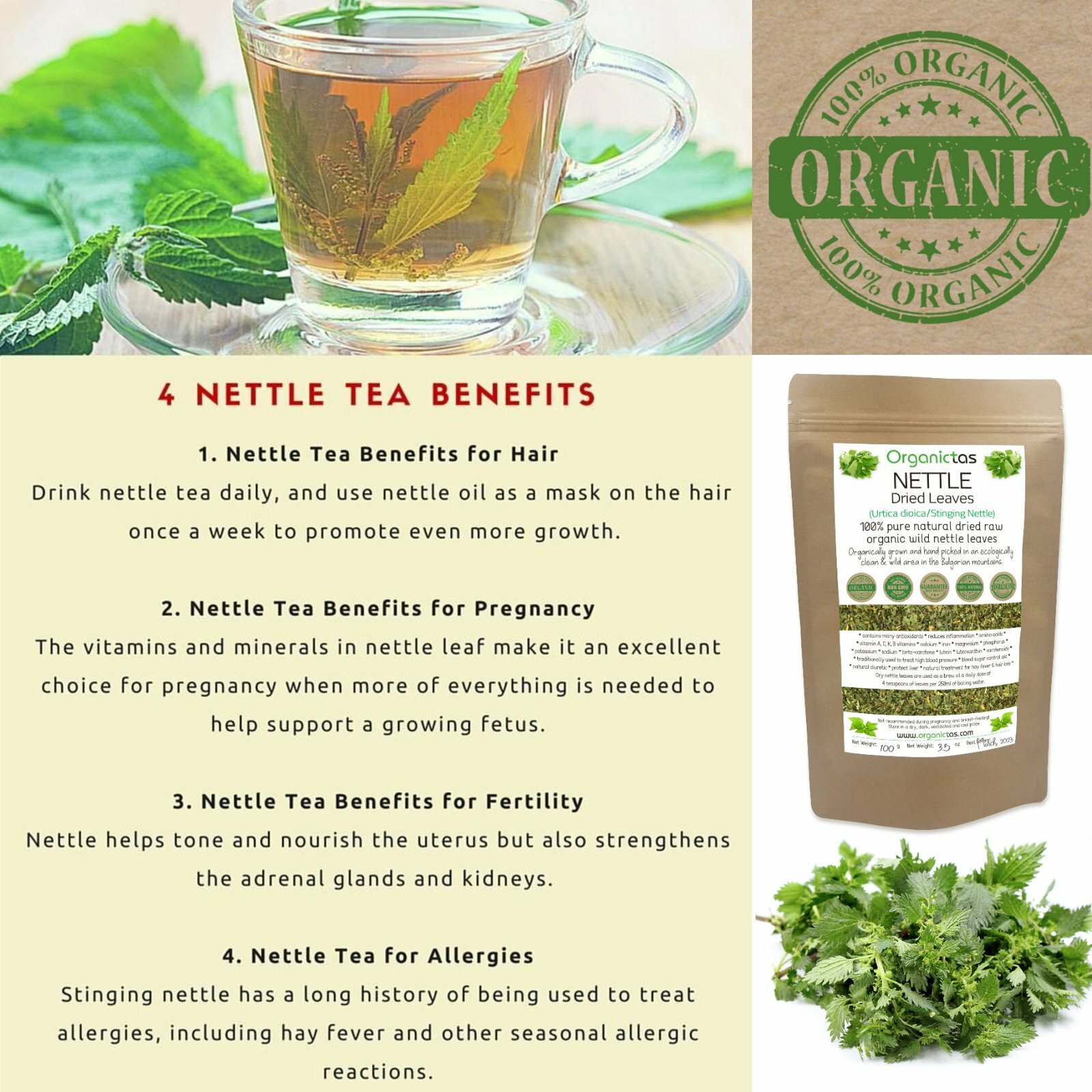 Organic Stinging Nettle Leaves Tea Dried Wild Harvested Urtica Dioica Bulgaria