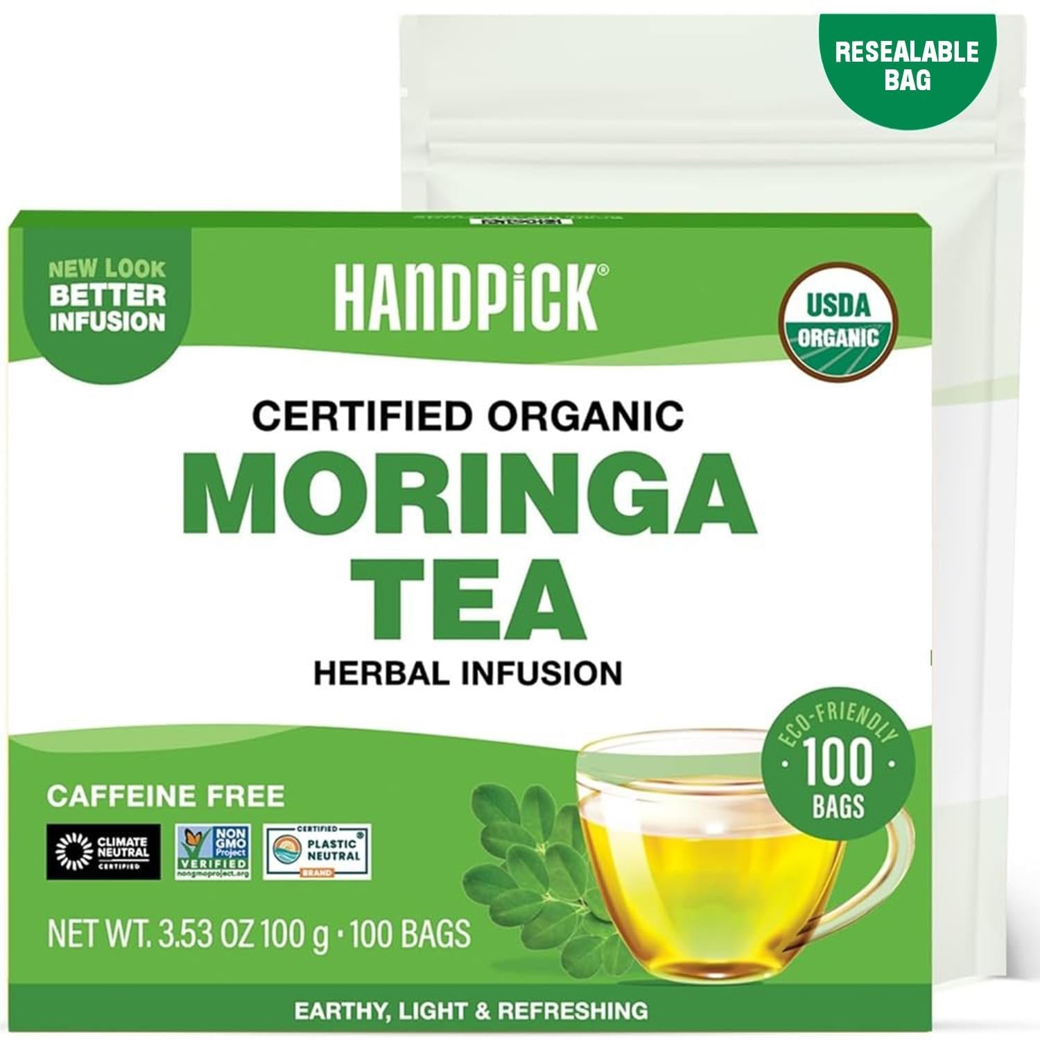 Organic Moringa Tea Bags (100 Count) Caffeine Free, Non GMO