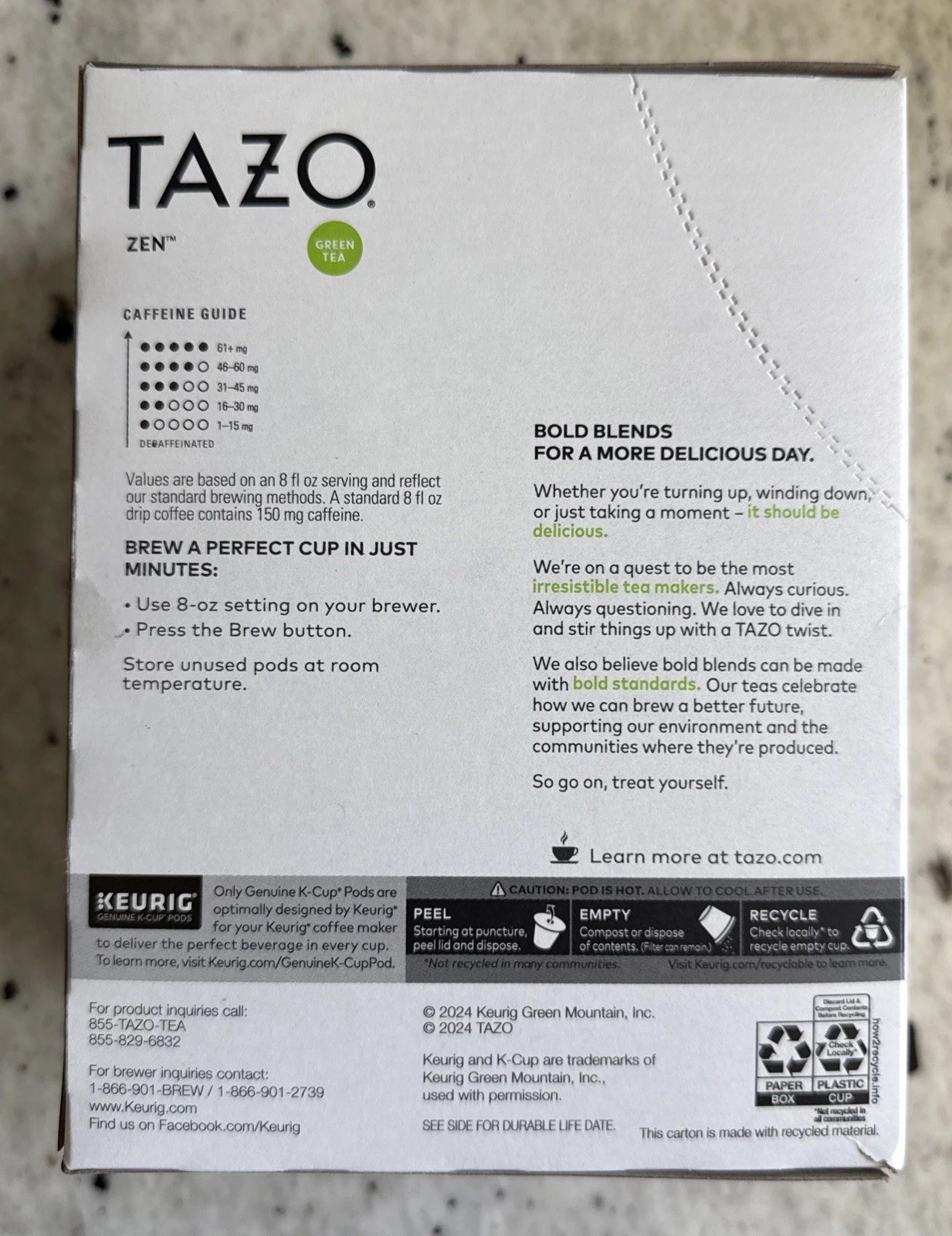 Tazo Zen Green Tea Keurig K-Cup Tea Pods 22 Count Exp Oct 2027 Lemongrass Mint
