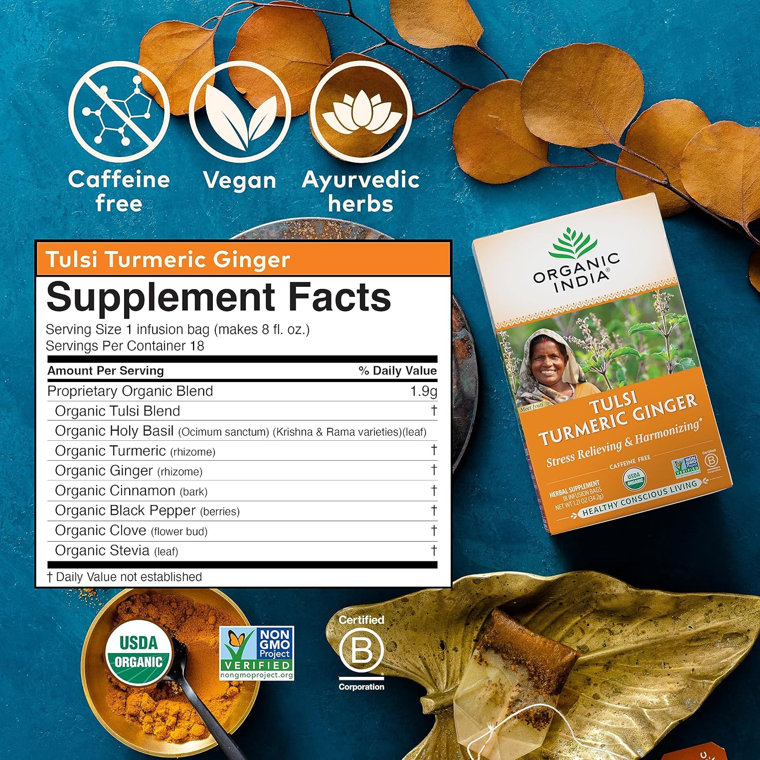 Organic India Tulsi Turmeric Ginger Herbal Tea Caffeine Free 18 Bags, 6 Pack