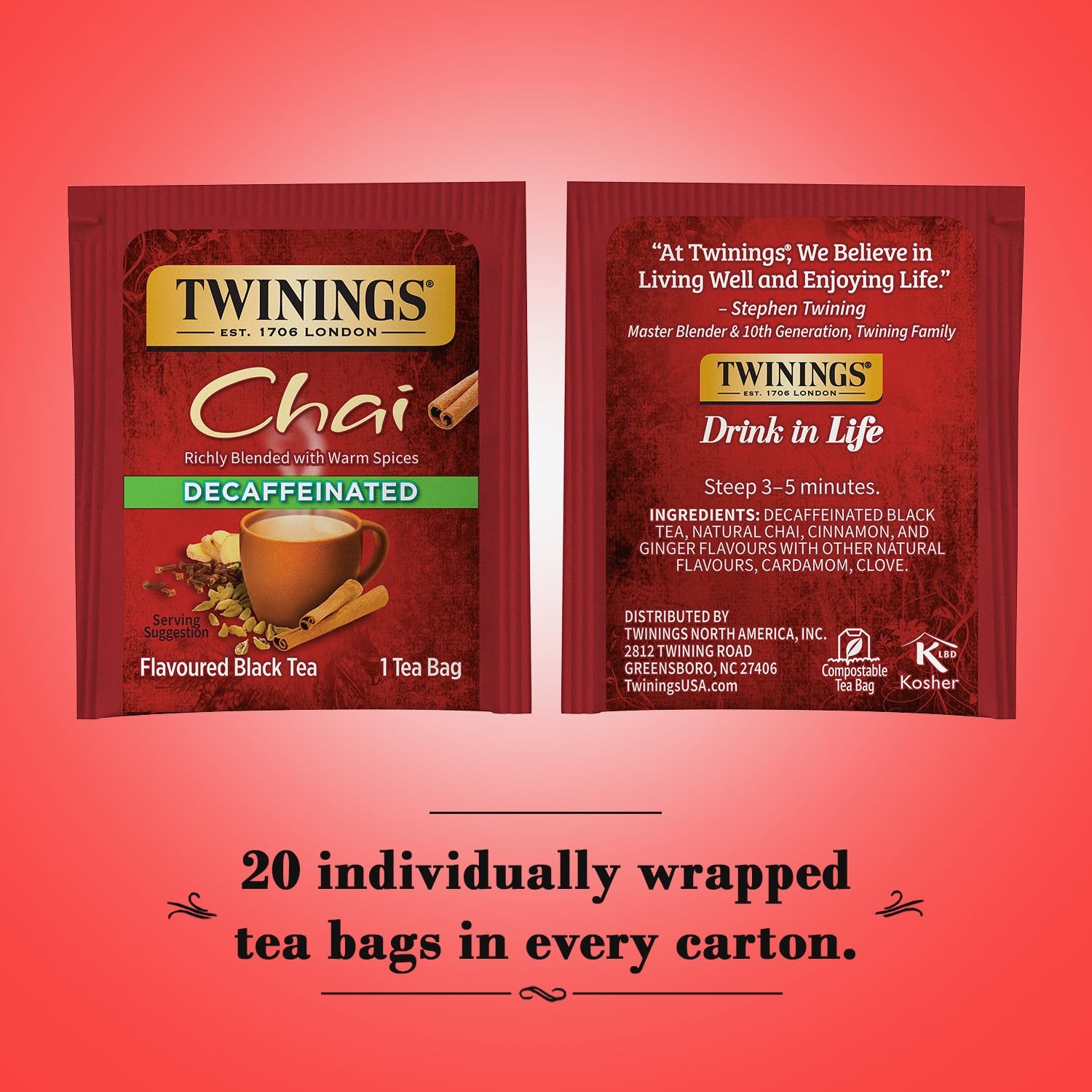 Twinings Decaf Chai Tea 20 Count Bold Spicy Blend with Natural Ingredients