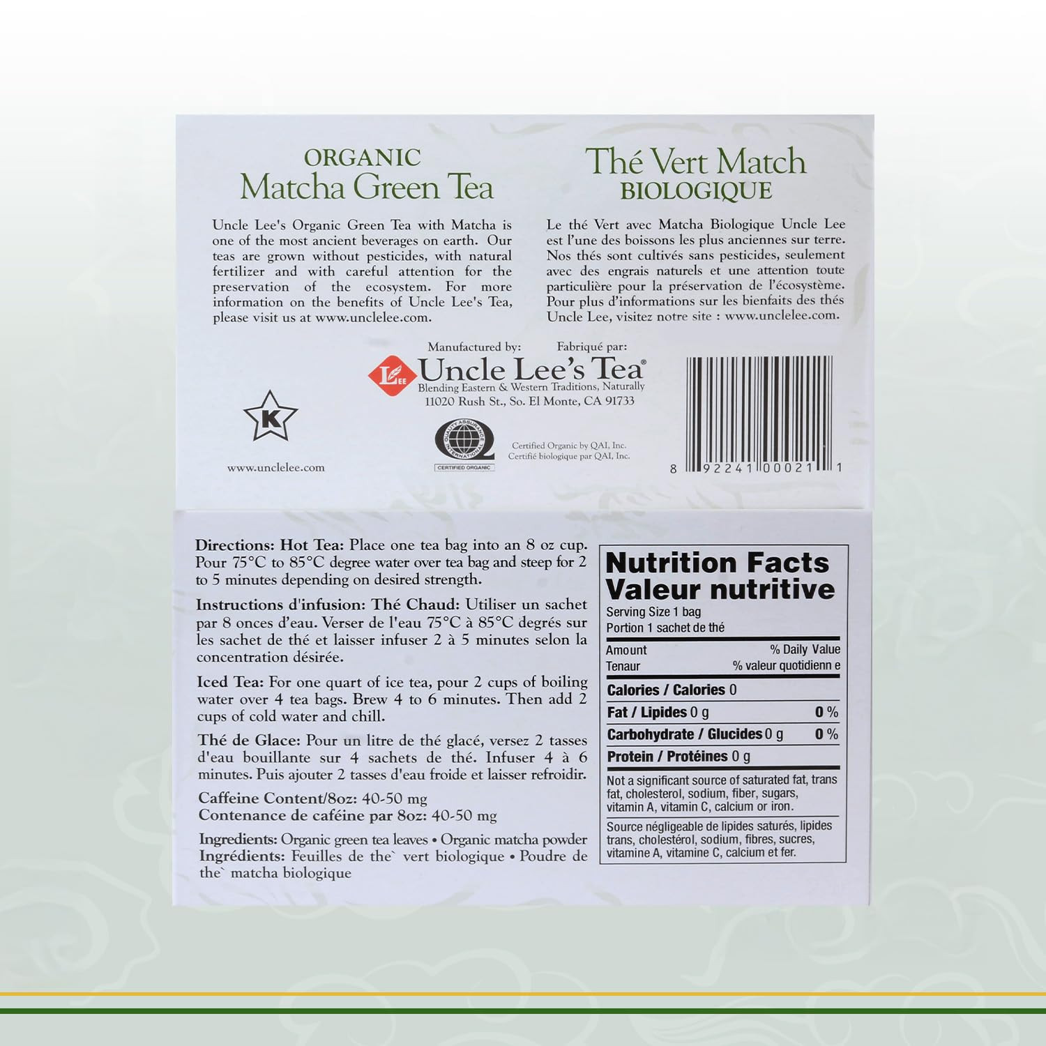 Uncle Lee’S Organic Matcha Green Tea Bags, 40 Count – Antioxidant-Rich, Low Caff