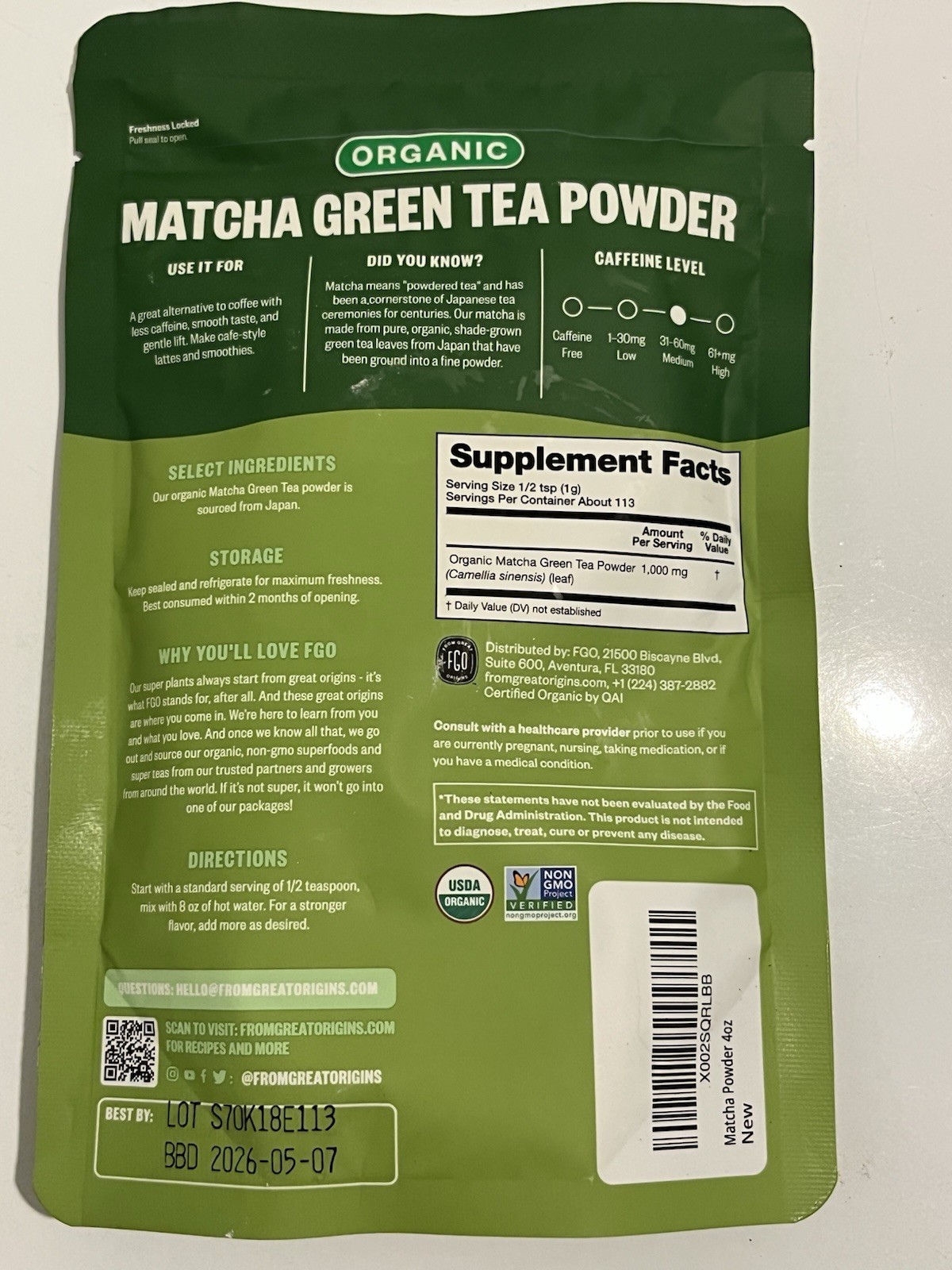 FGO Organic Matcha Green Tea Powder, Japanese Culinary 4 Oz (Pack of 1) SEALED