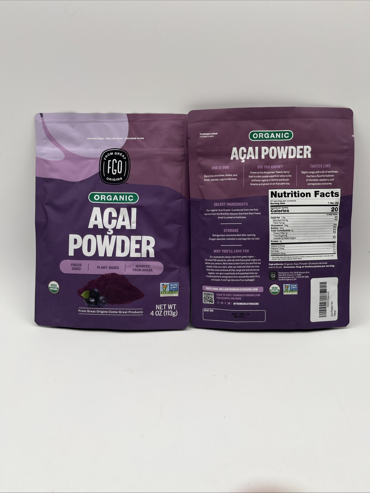 2 bags From Great Origins Organic Acai powder 4.oz each From Brazil 11/18/2027