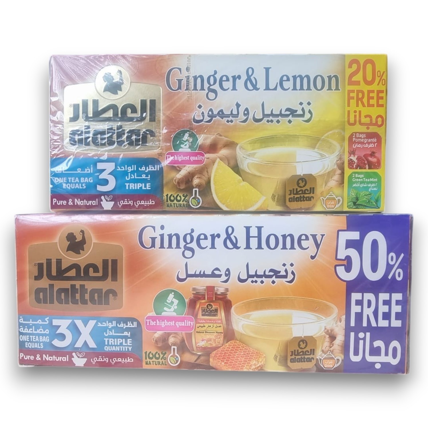 Al Attar Ginger and Lemon Herbal Tea and Ginger and Honey Herbal Tea, Two Pack