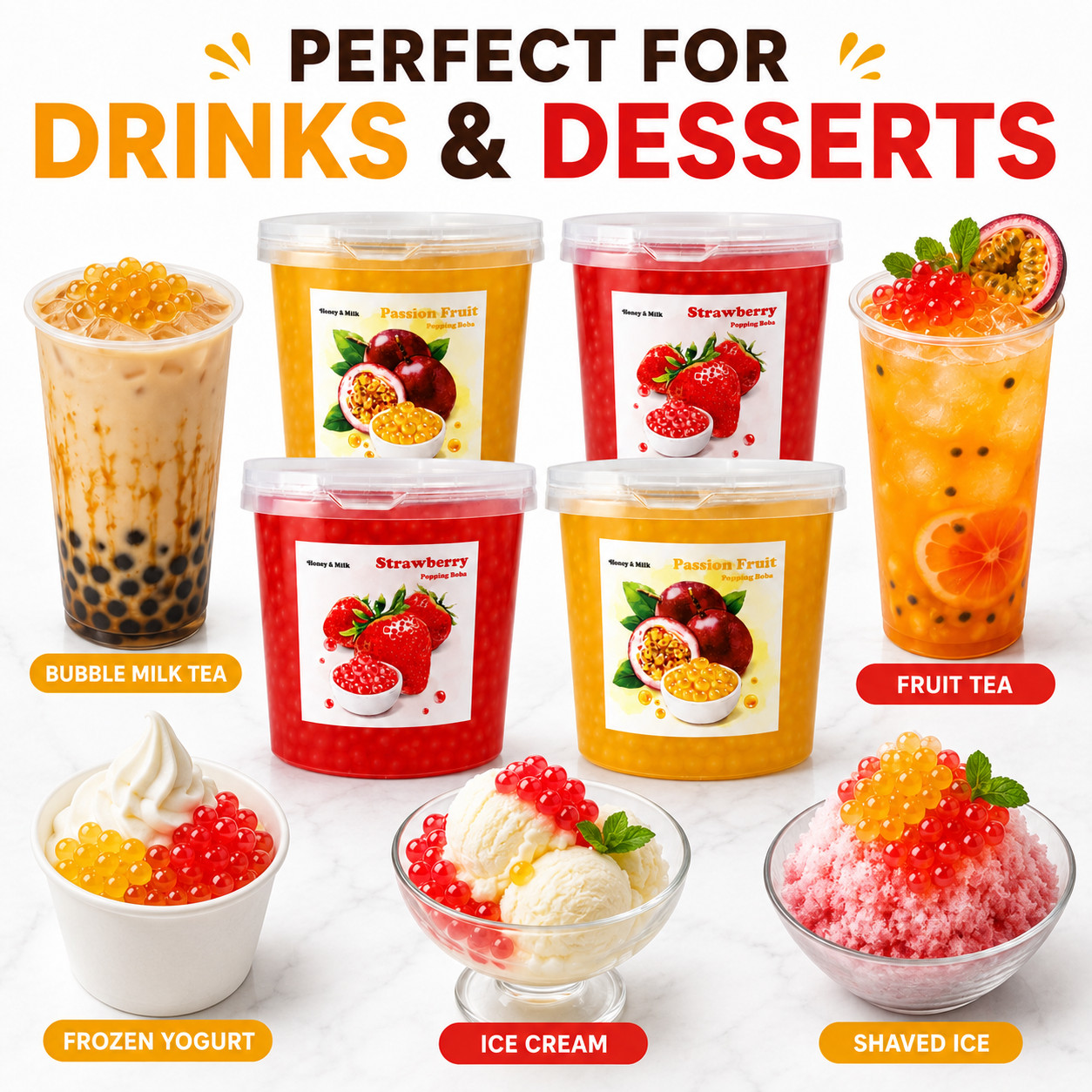 Honey&Milk Popping Boba 4 Pack 3.2KG Passion Fruit Strawberry Bubble Tea Taiwan