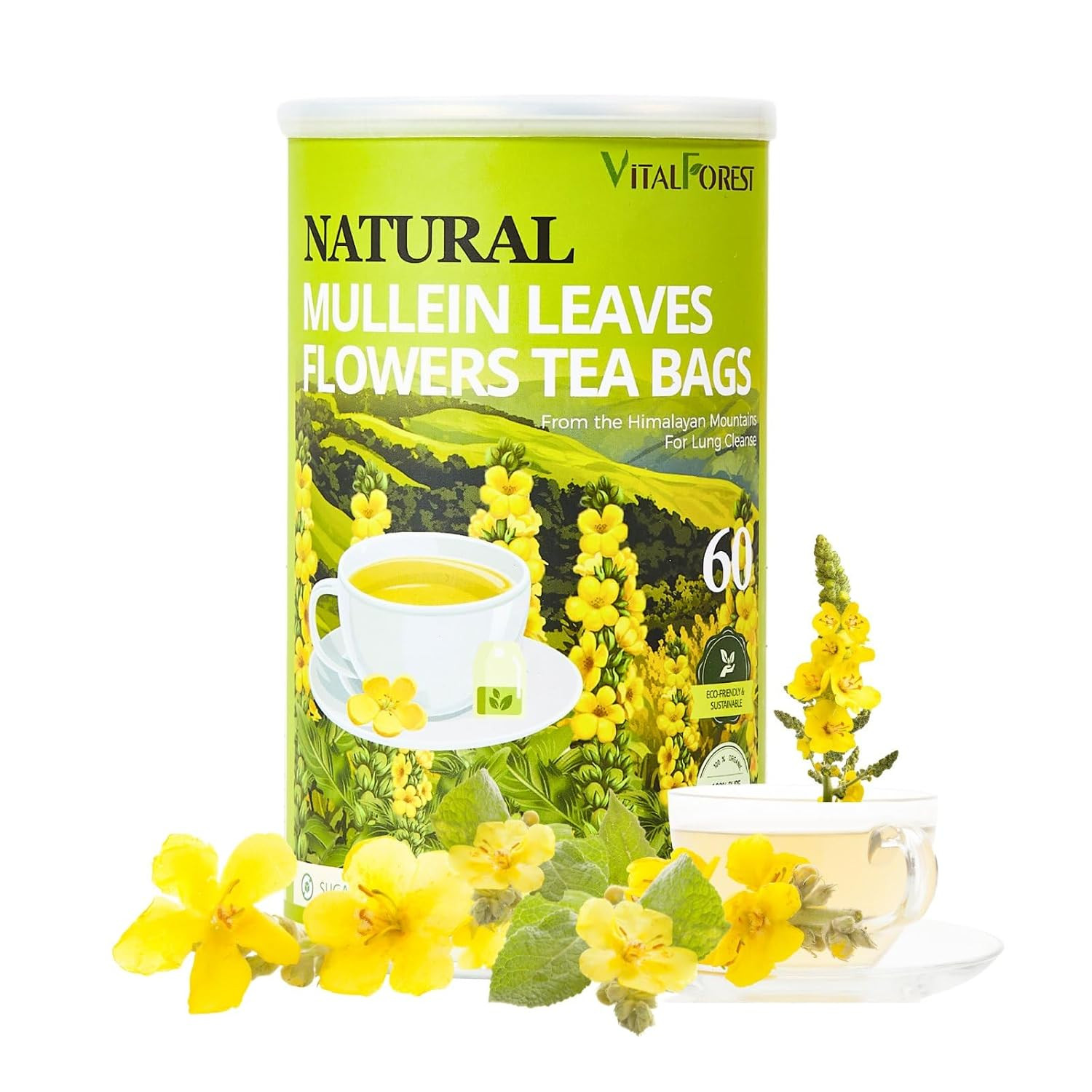 60 Mullein Leaf Tea Bags for Lungs, Vitalforest 100% Pure Mullein Mullins Detox