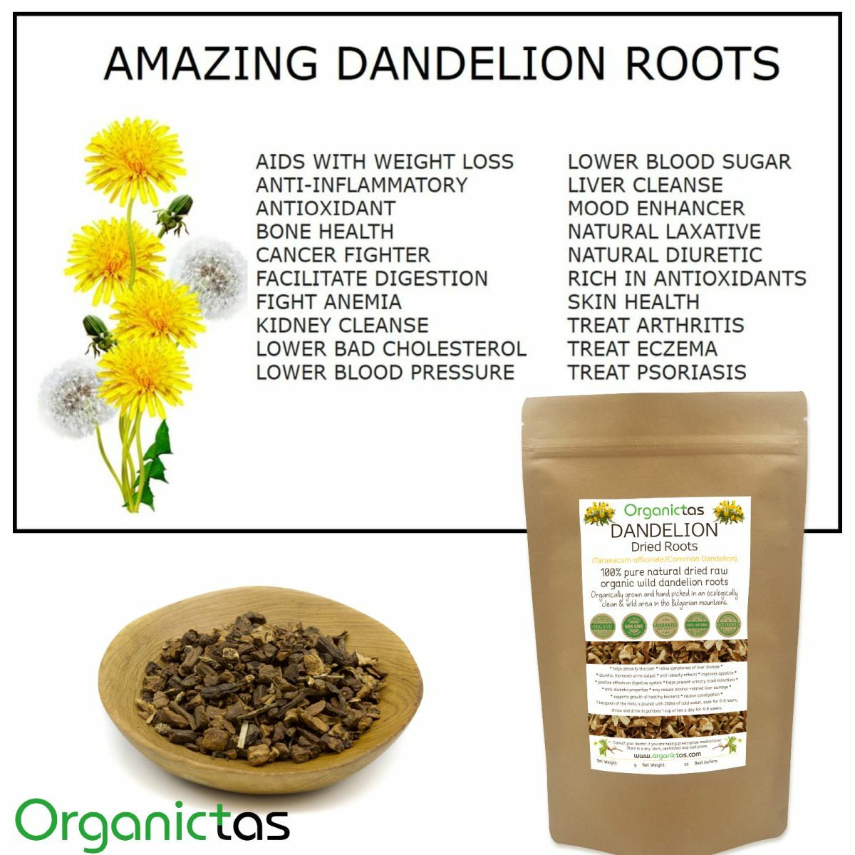 Organic DANDELION ROOT Tea Premium Quality Dried Cut Taraxacum Officinalis 100g