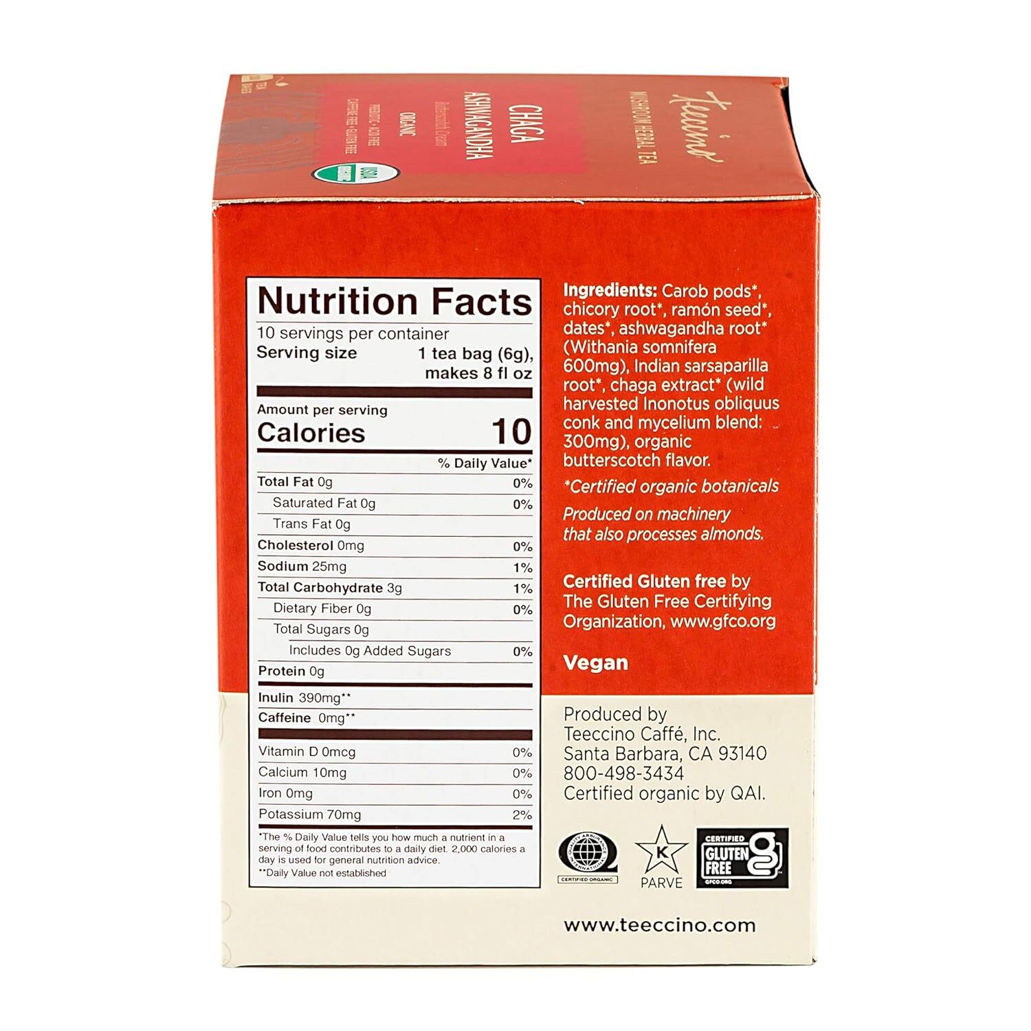 Teeccino Organic Chaga Ashwagandha Mushroom Herbal Tea 10 Bag