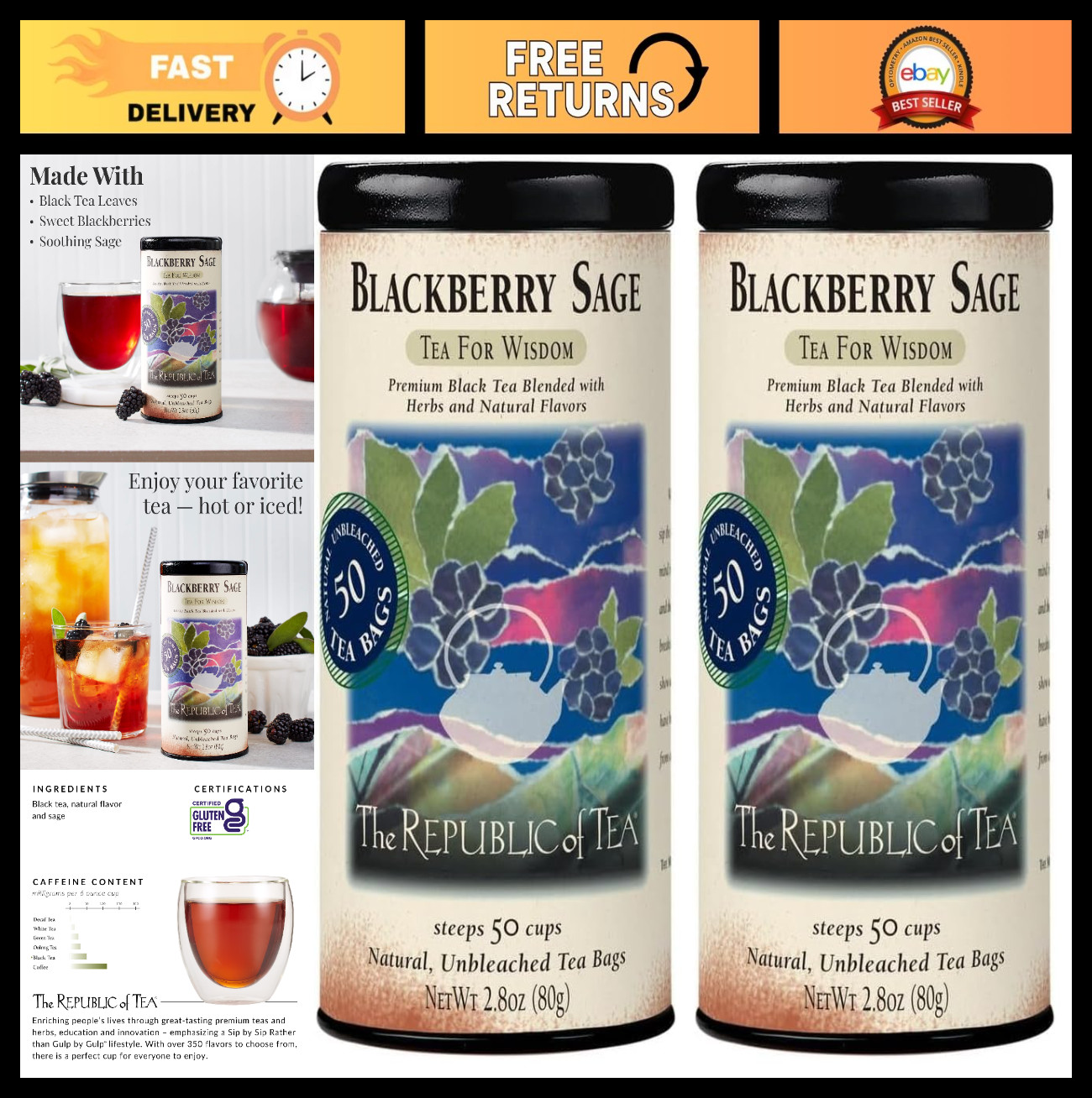 Gourmet Blackberry Sage Black Tea – 50 Bags x 2 Packs | Premium Loose Leaf Tea