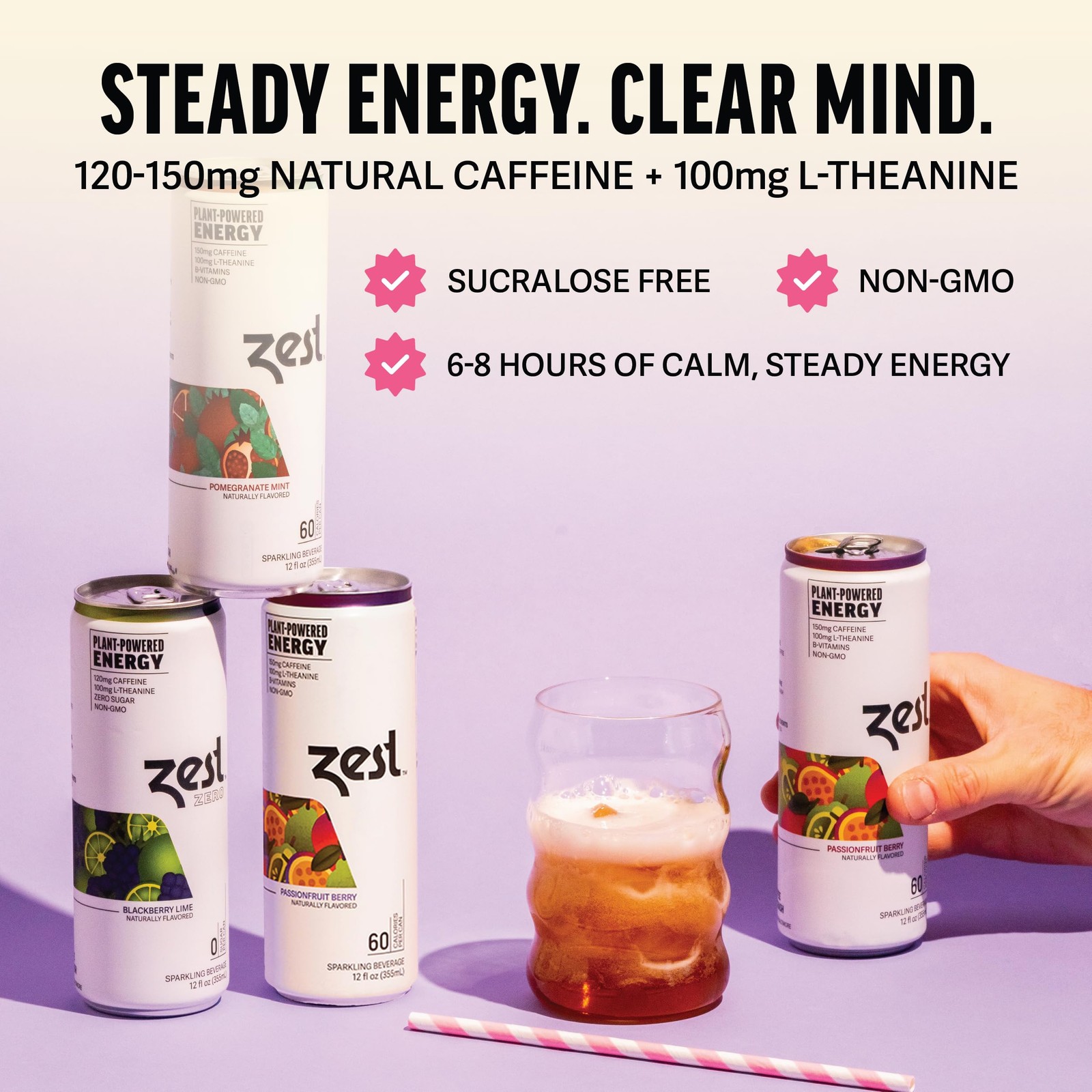 Zest Clean Energy Drinks Variety Pack – 3 Flavors – 120-150mg Caffeine + 100mg