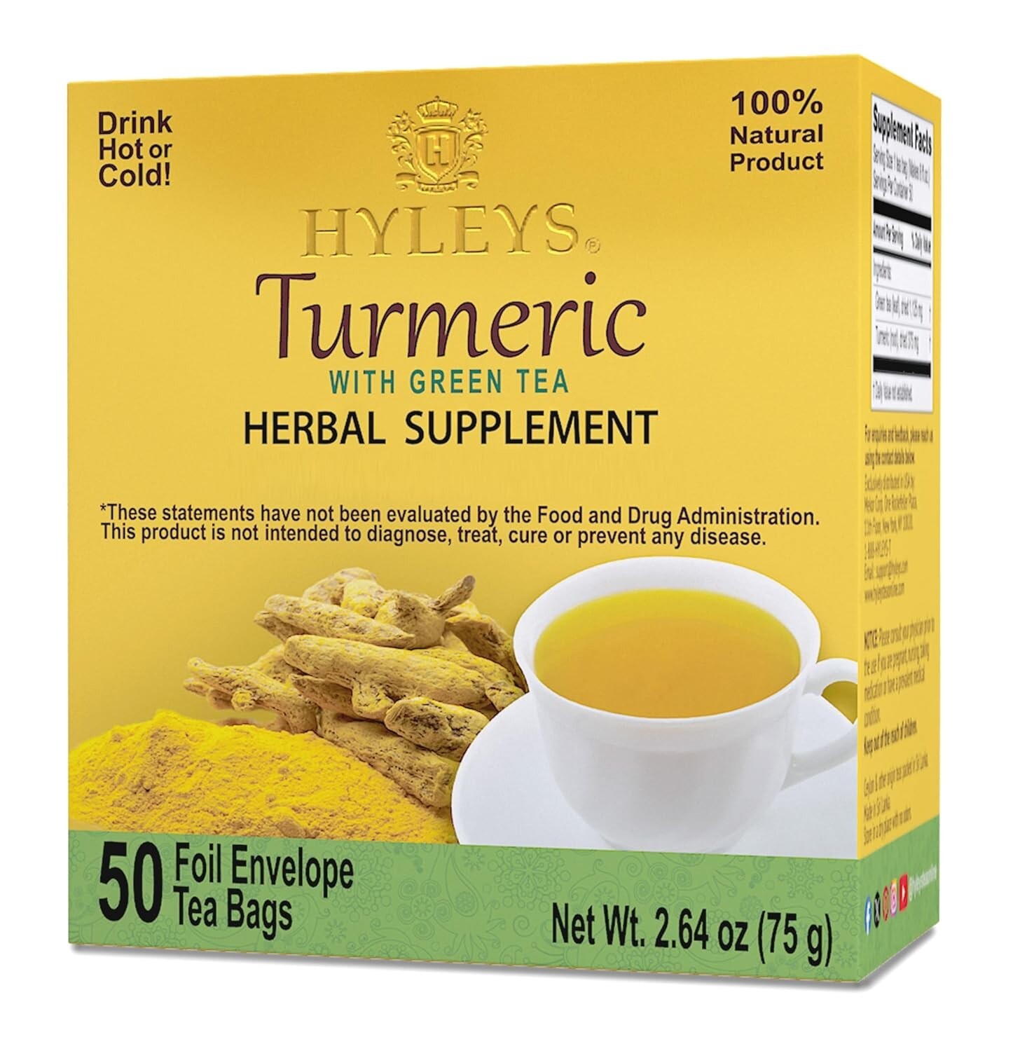 Tea Original Green Tea with Turmeric Herbal Supplement, 50 ct