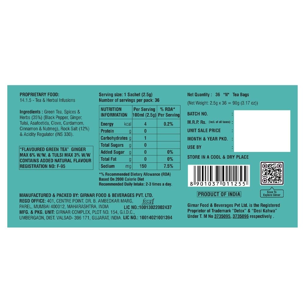 GIRNAR DETOX GREEN TEA – DESI KAHWA | 36 TEA BAGS | 90G