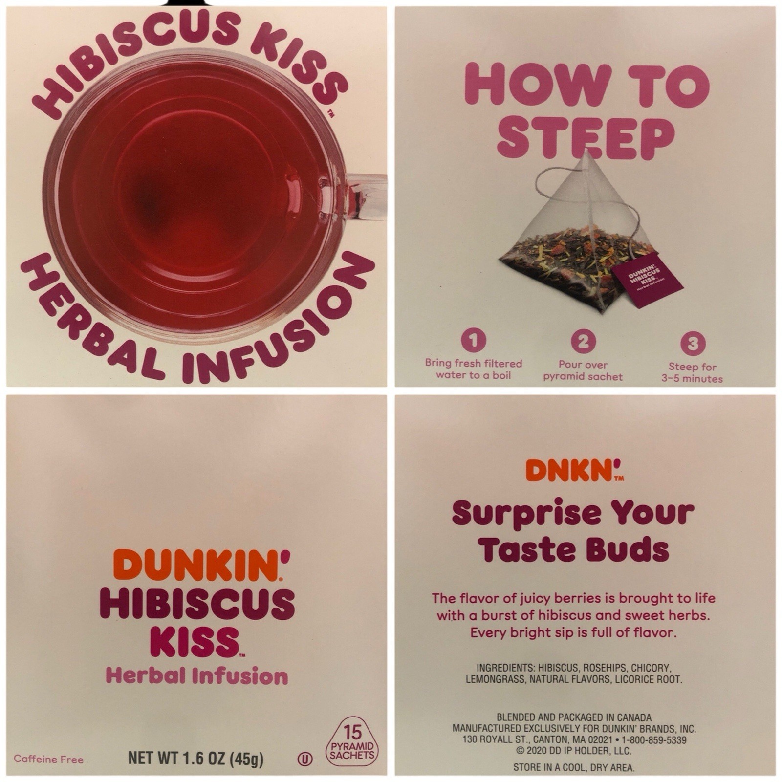 Dunkin’ Hibiscus Kiss Tea 15 tea bags Herbal Infusion Caffeine Free 1.6 oz / 45g