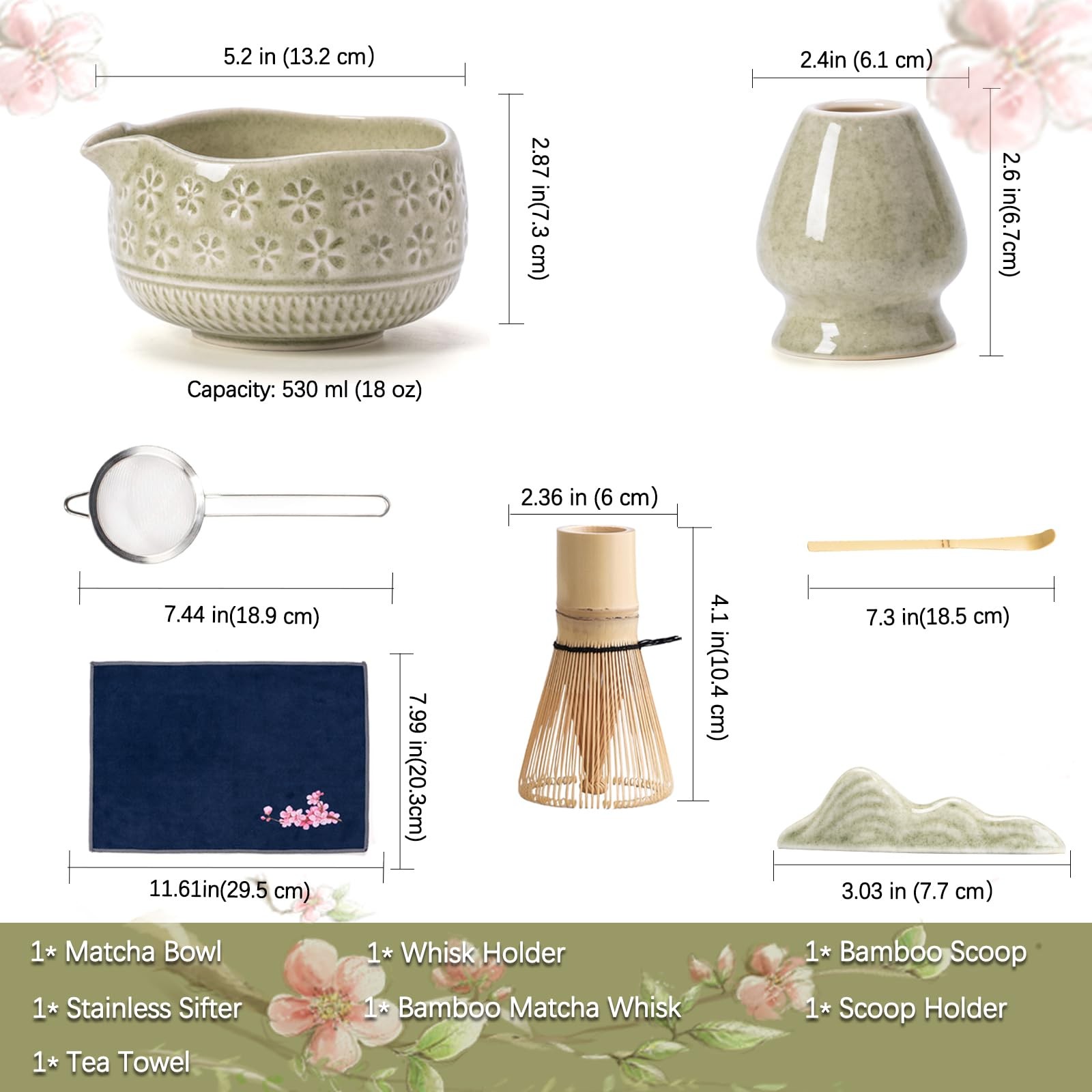 Ceramic Matcha Kit Set Includes Bowl, Whisk and Holder, Bamboo Scoop Rest Sifter