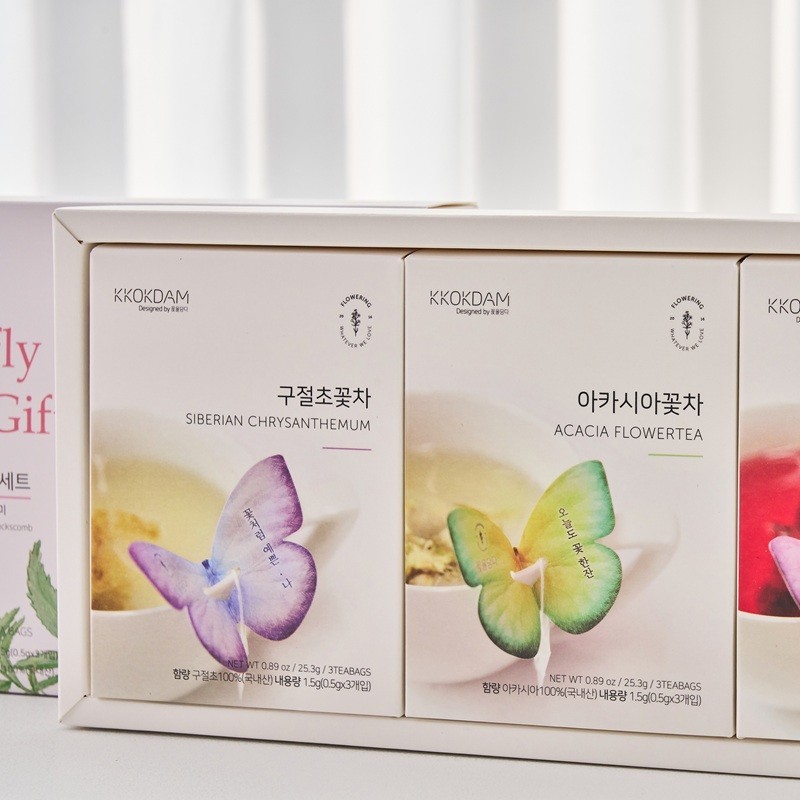 Kkokdam Butterfly Tea Bag Gift Set Pink 9 Bags 3 Flavors Herbal Tea