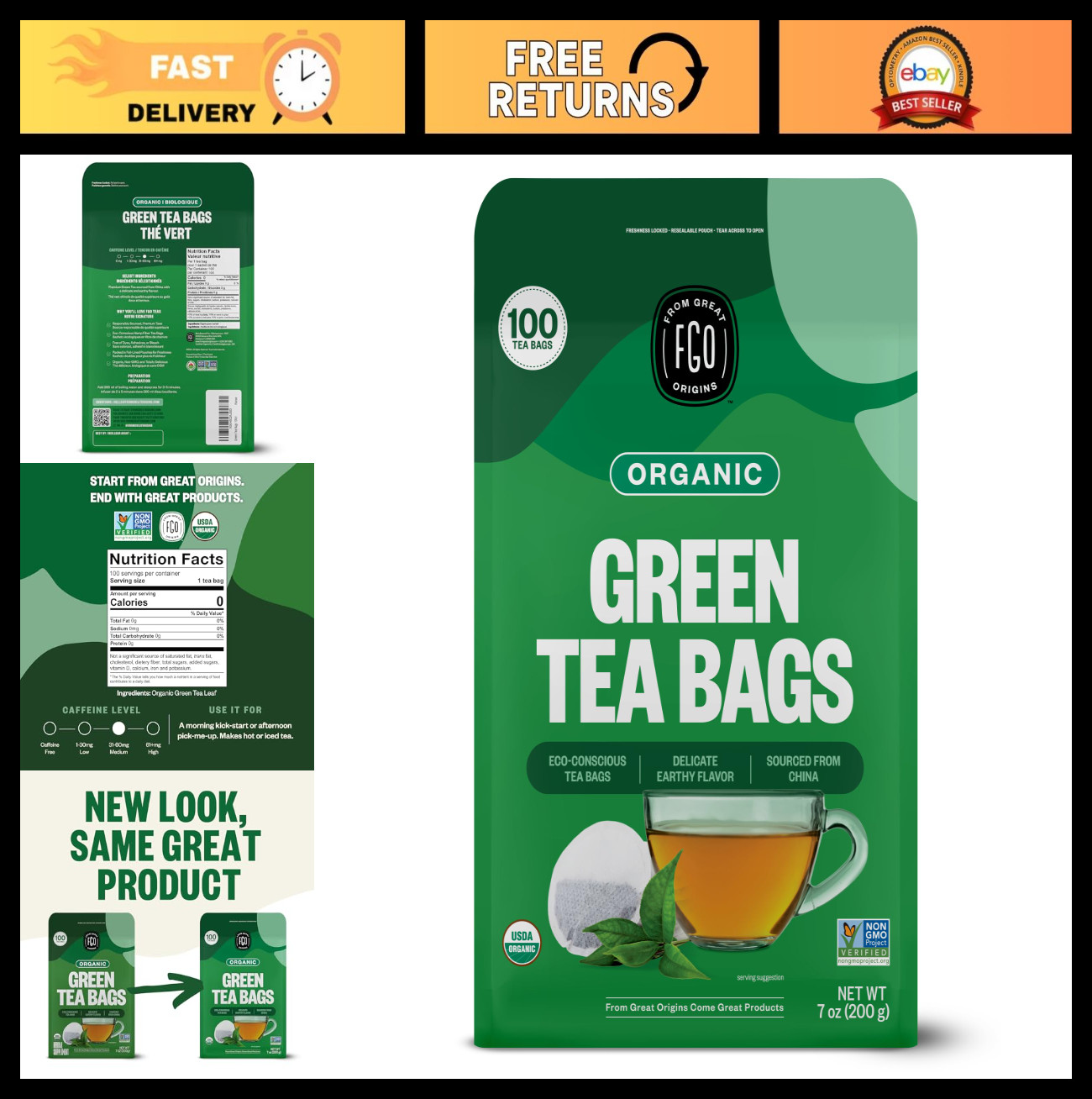 Organic Green Tea Bags – 100 Count Eco-Friendly, Caffeinated, Resealable Pouch