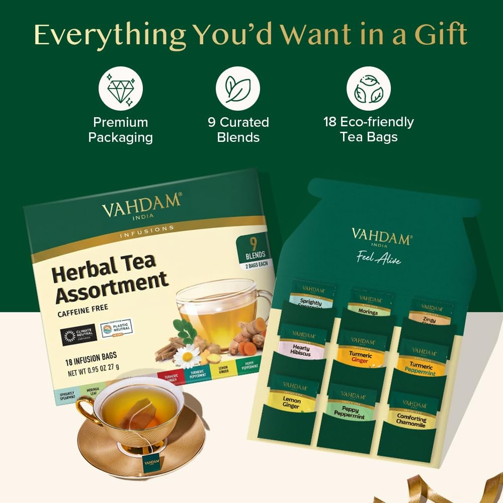 , Assorted Herbal Tea Sampler (18 Tea Bags, 9 Flavors) Caffeine-Free, Non-GMO…