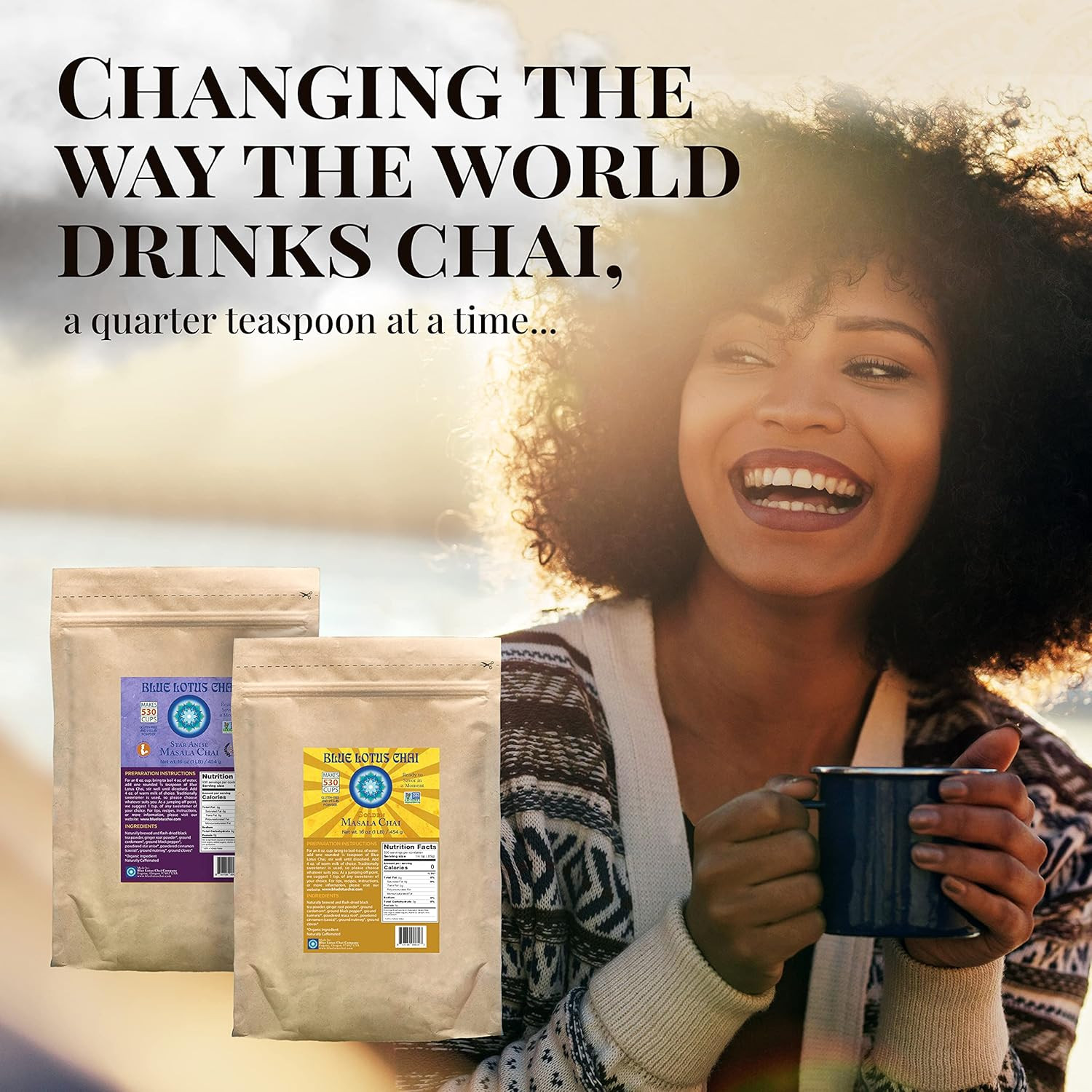 Blue Lotus Masala Chai – 1 lb Instant Tea Mix – 530 Cups – Organic Spices