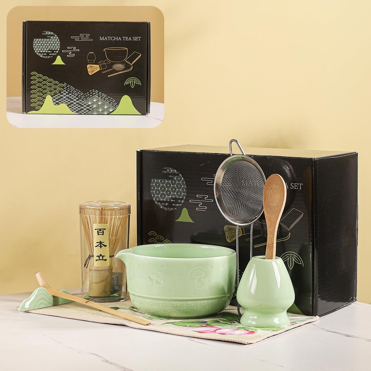 Matcha Set, 8-Piece Ceramic Matcha Bowl & Whisk Kit with Mushroom Pattern, Tr…