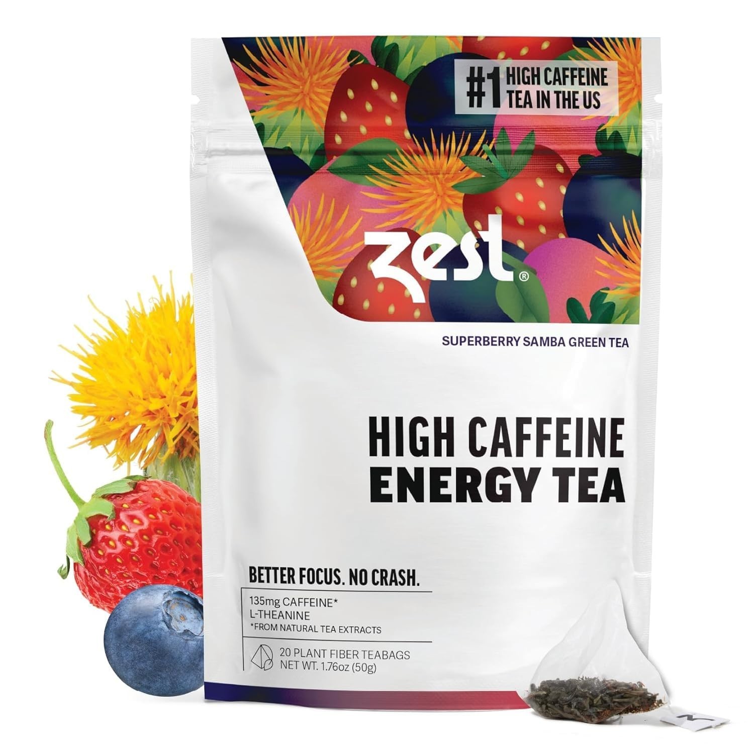 Zest Energy Superberry Samba Green Tea 20 Bags 135mg Caffeine Keto Friendly