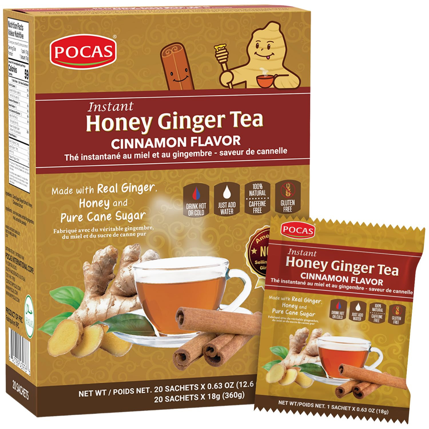 Pocas Honey Ginger Instant Tea Powder, Cinnamon Flavor, Ginger Extract & Real Ho