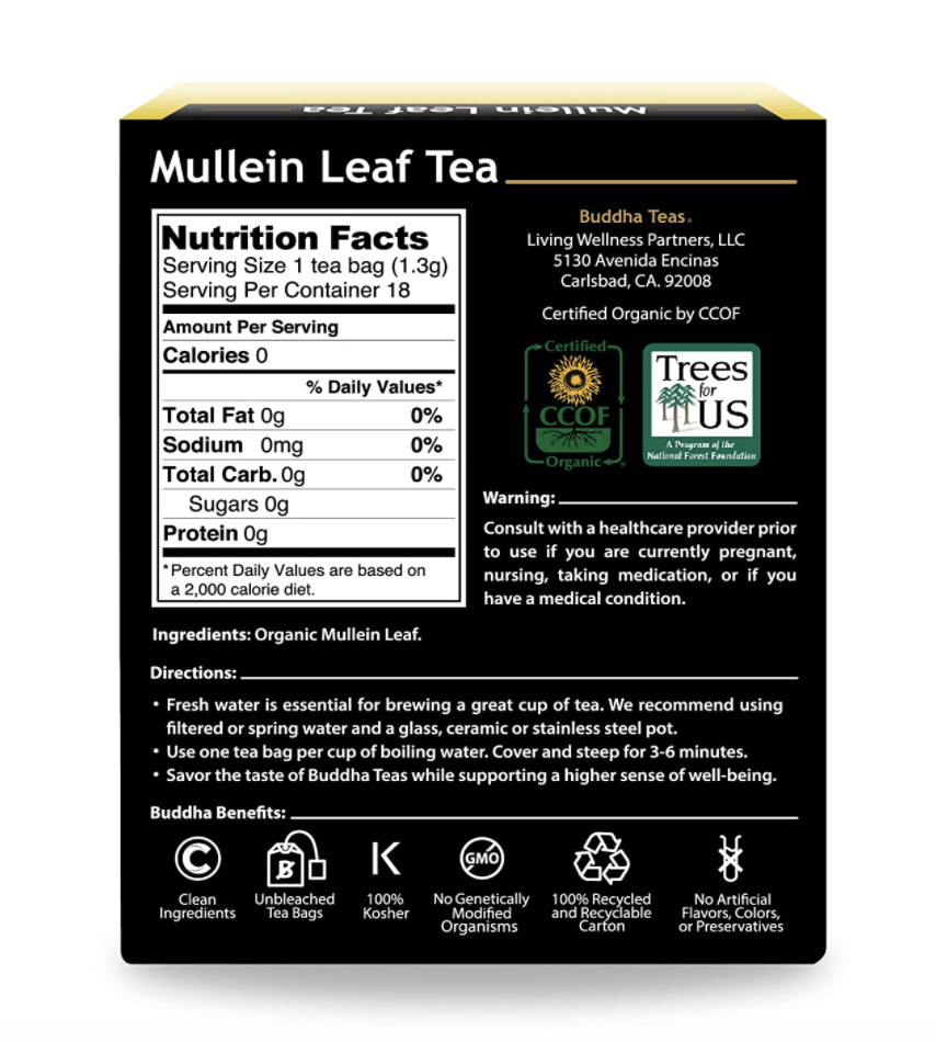Buddha Teas Organic Mullein Leaf Tea 18 Bag Kosher Caffeine Free