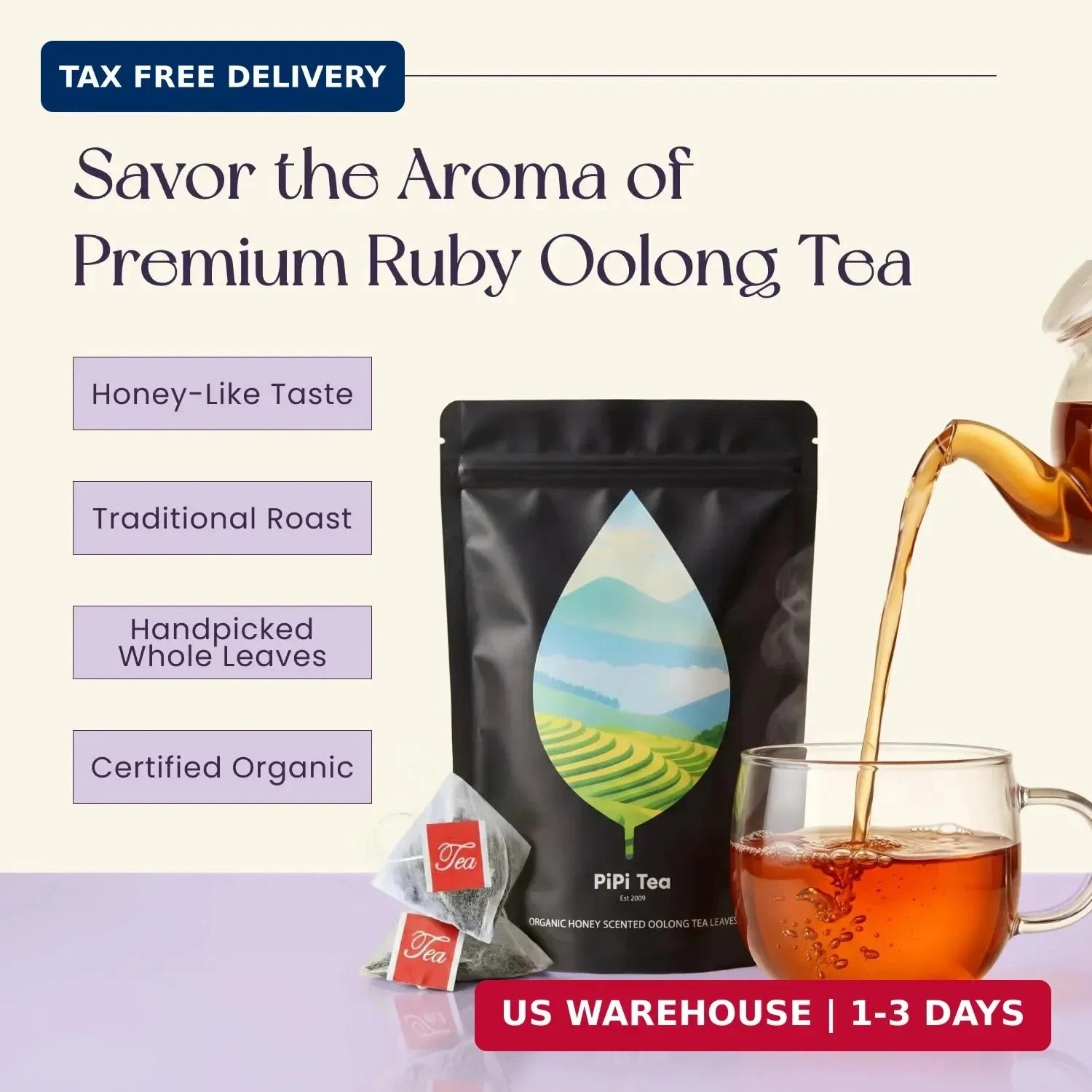 PiPi Tea Organic Oolong Tea Bags – Whole Leaf, 20 Bags (4g Each) – Cortisol & Ca