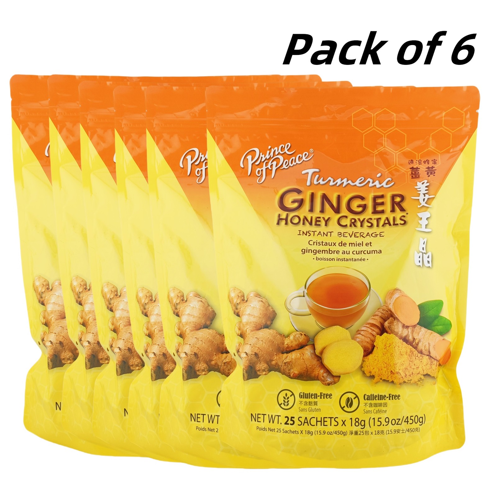 Pack of 6 Ginger Honey Crystals, Turmeric, Caffeine Free, 25 Sachets