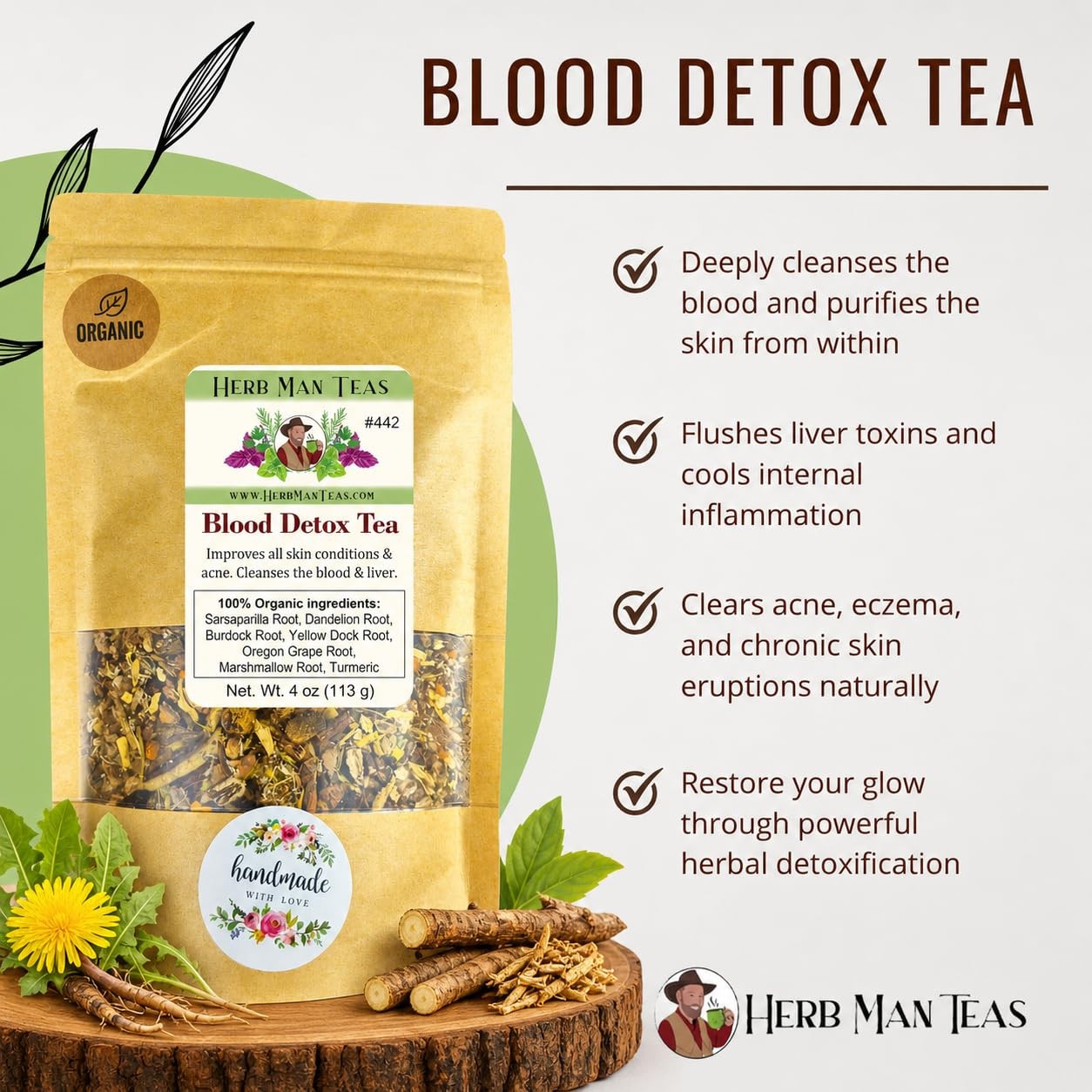 BLOOD DETOX TEA- For all skin conditions, liver detox by Master Herbalist 4oz