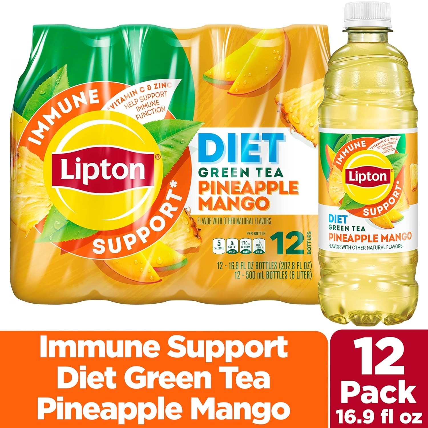 Lipton Immune Support Diet Pineapple Mango, 16.9 Fl Oz Bottles (Pack of 12)