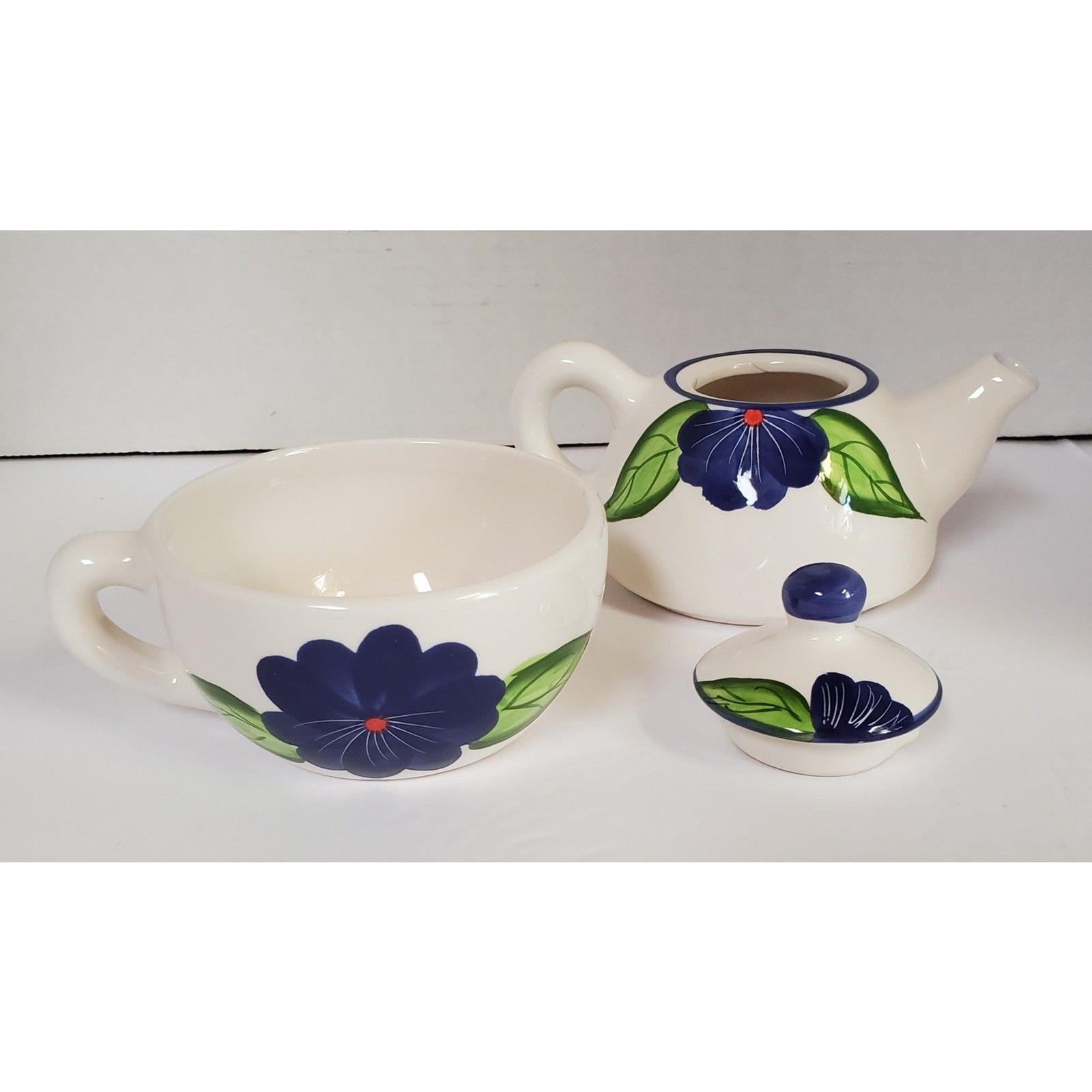 Tea Pot 3 Piece Single Serve Ceramic With Hand Painted Blue Violets