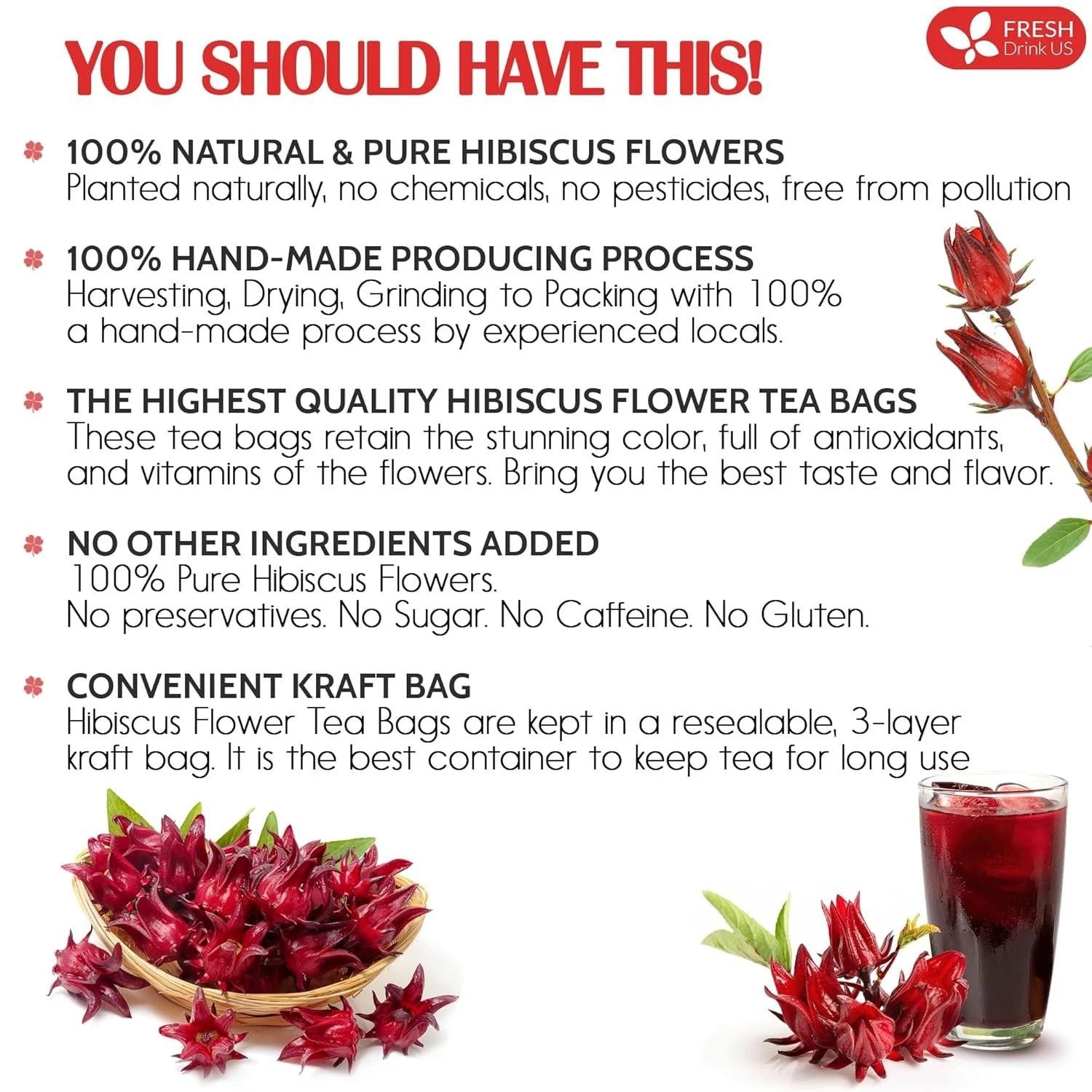 , Premium 140 Hibiscus Flowers Tea Bags, 100% Natural, Handmade & Pure from