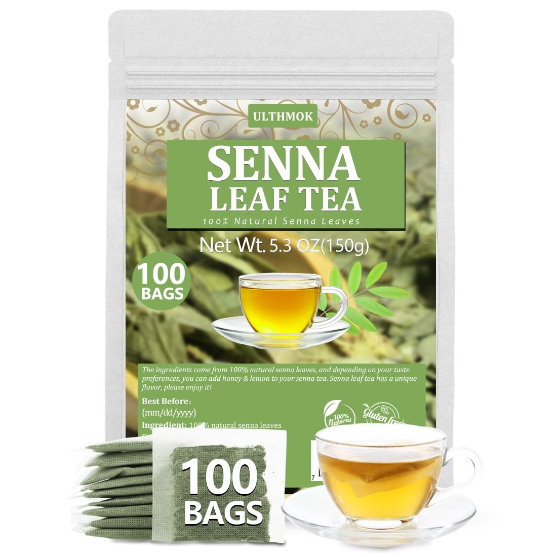Premium 100 Senna Tea Bags, Made with 100% Natural 100 Count (Pack of 1)
