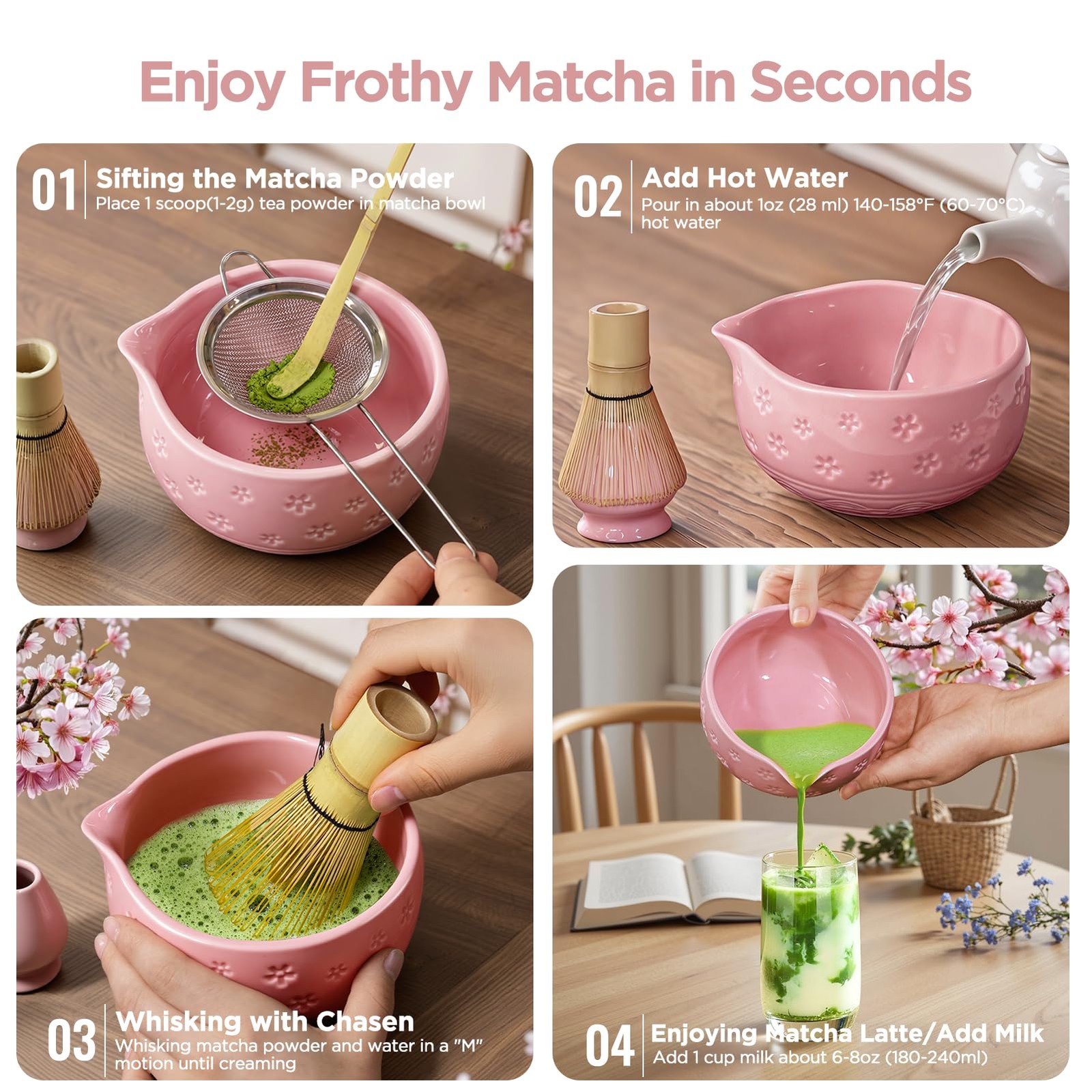 Matcha Whisk Set Pink: 7 Pcs Matcha Set Matcha Kit for Ceremony – Tradition T…