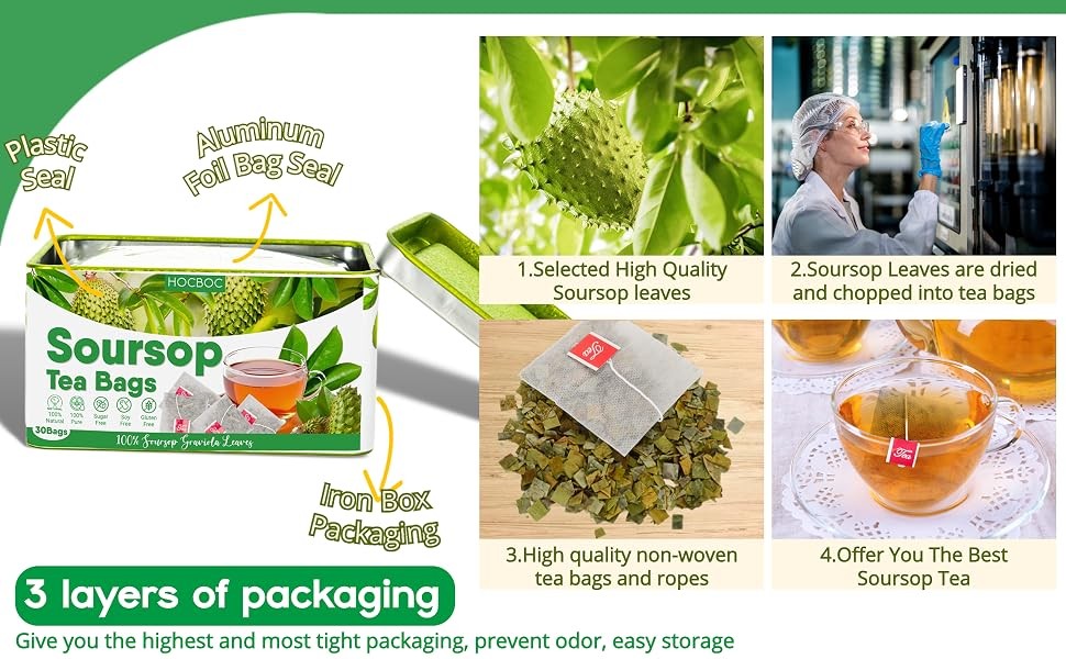30 Pure Soursop Leaves Tea Bags, Natural Soursop Graviola Leaves Teabag,
