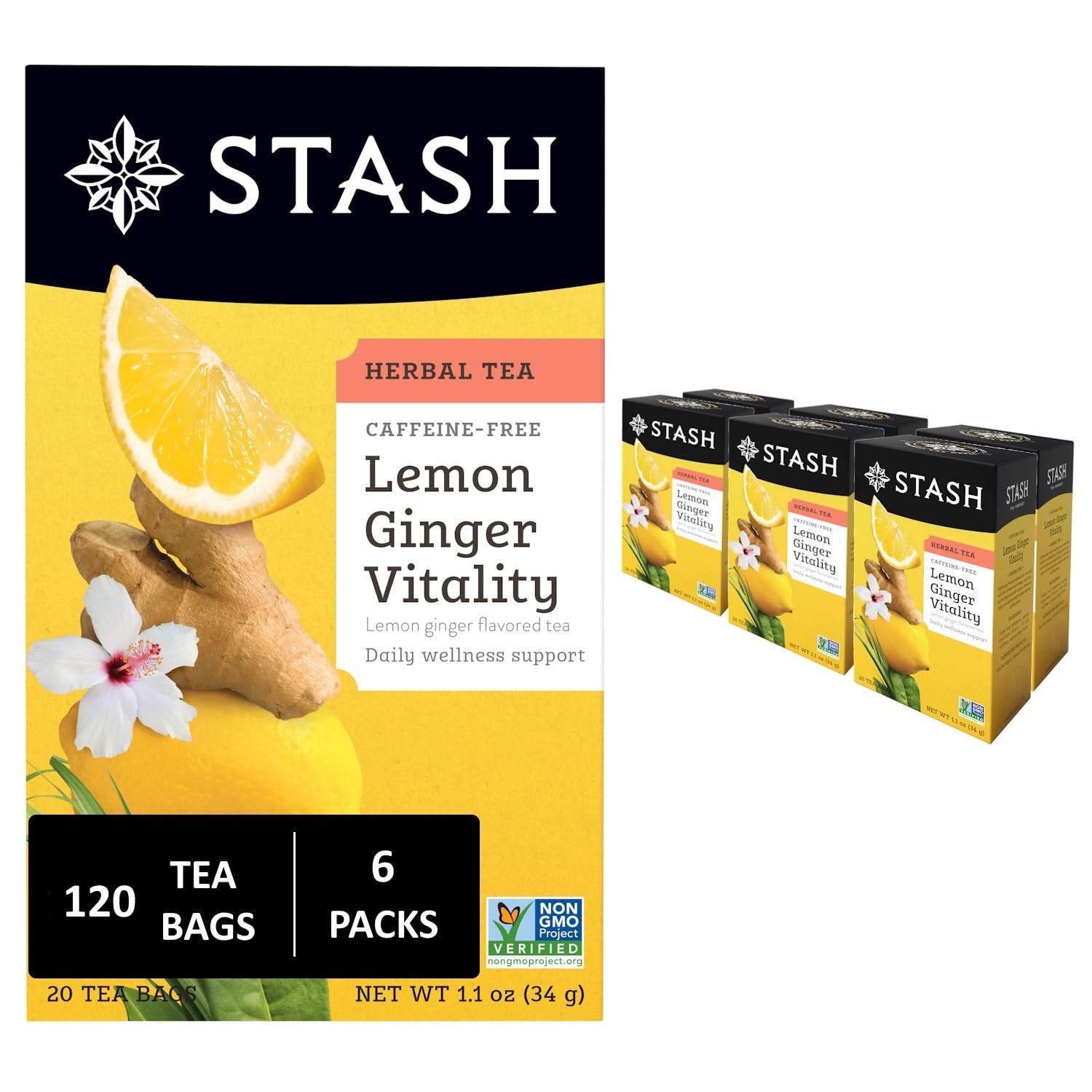 Stash Lemon Ginger Vitality Herbal Tea Bags- 20 Count – 6 Pack