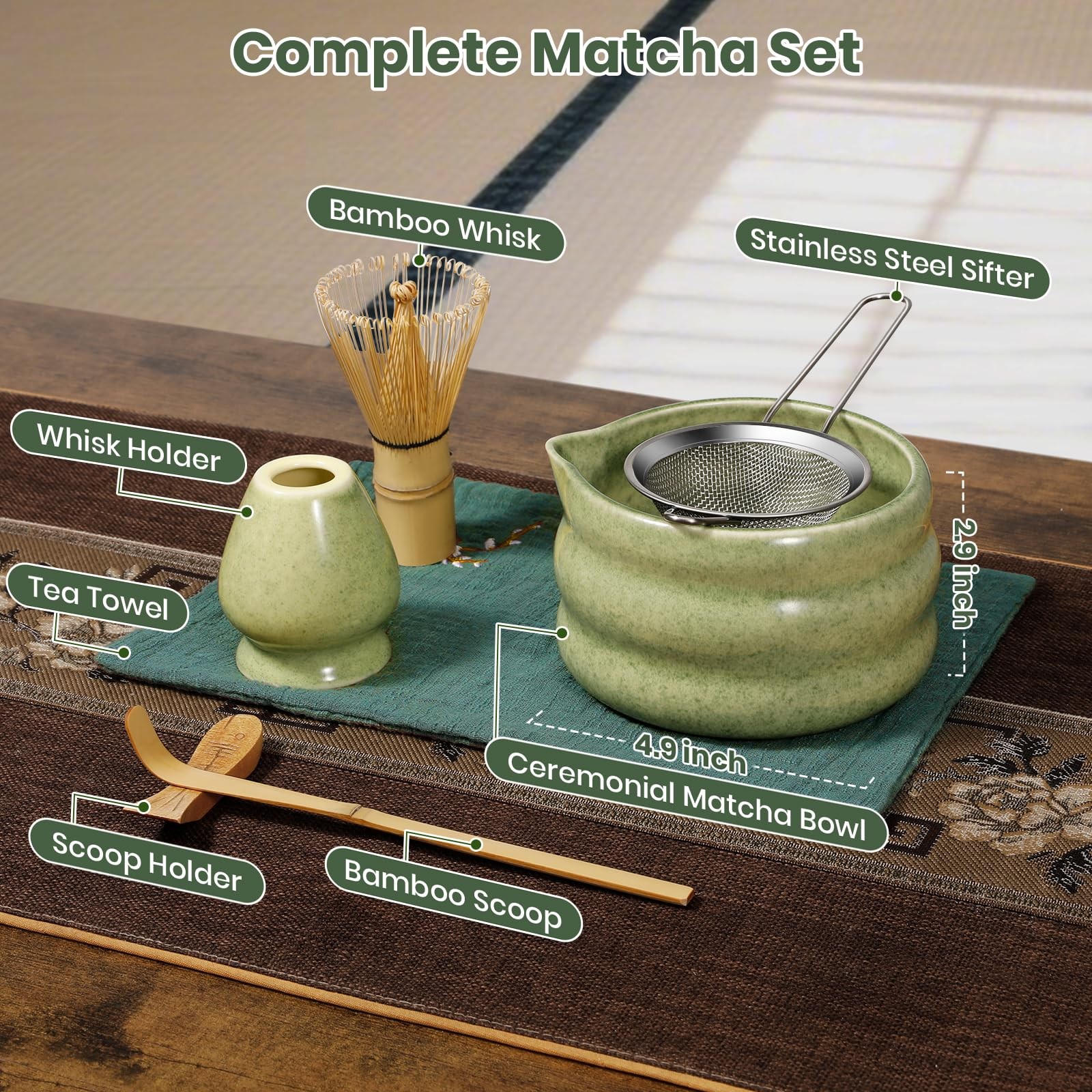 Matcha Whisk Set 7pcs, Japanese Macha Making Kit – 17oz Bowl with Spout, Whis…