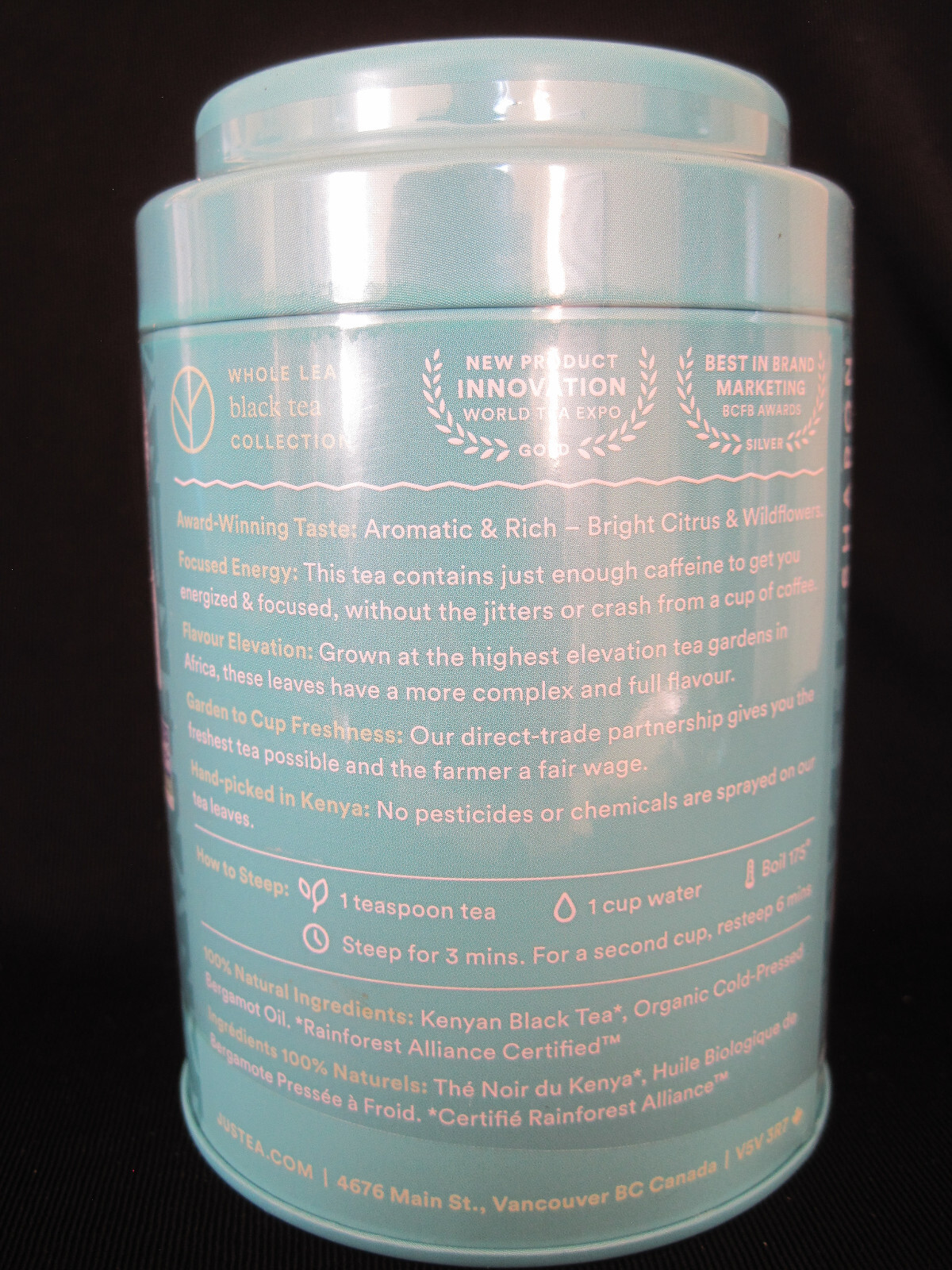 Sealed JUSTEA Kenyan Earl Grey Loose Leaf Black Tea 3.2 Oz 90g Wood Spoon
