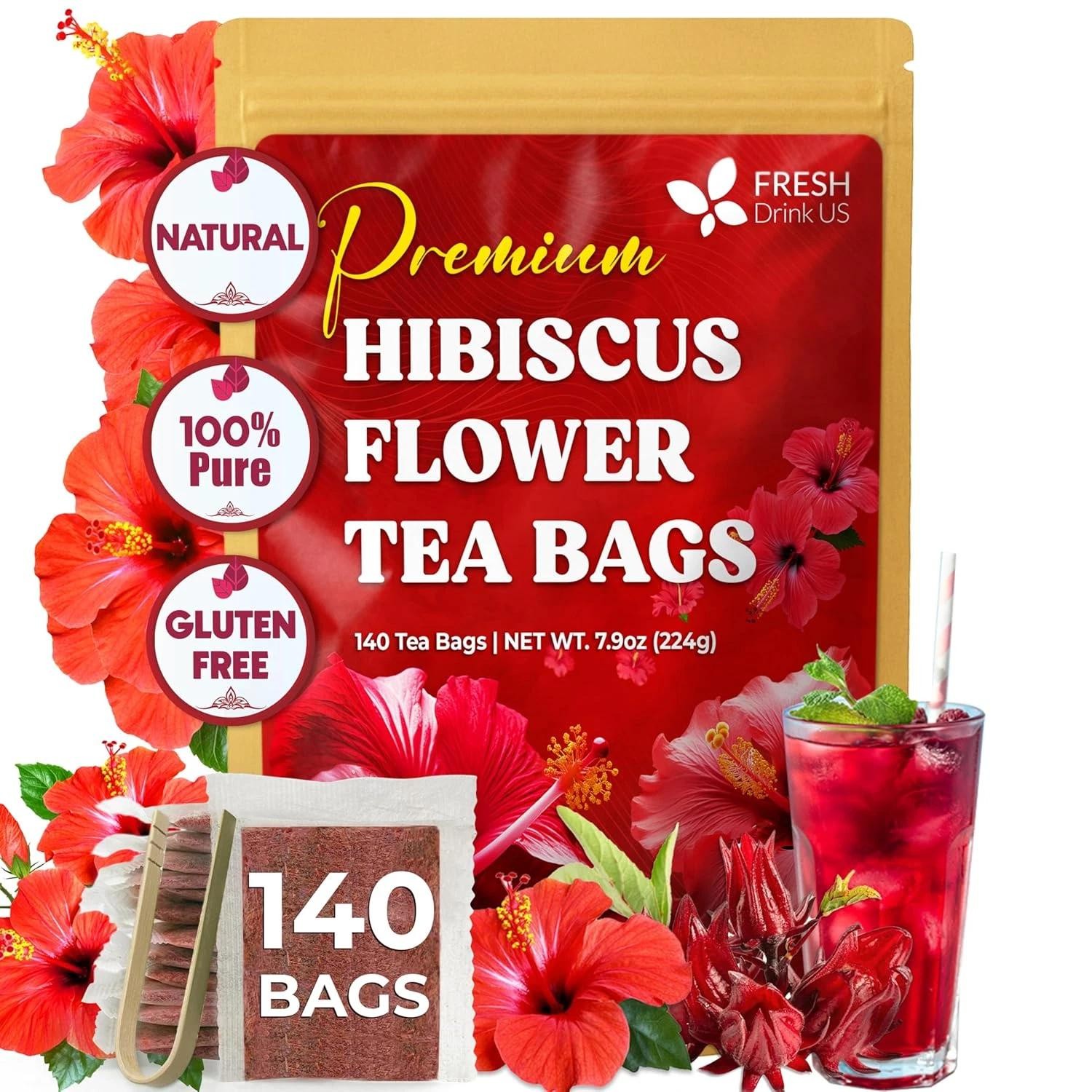 , Premium 140 Hibiscus Flowers Tea Bags, 100% Natural, Handmade & Pure from