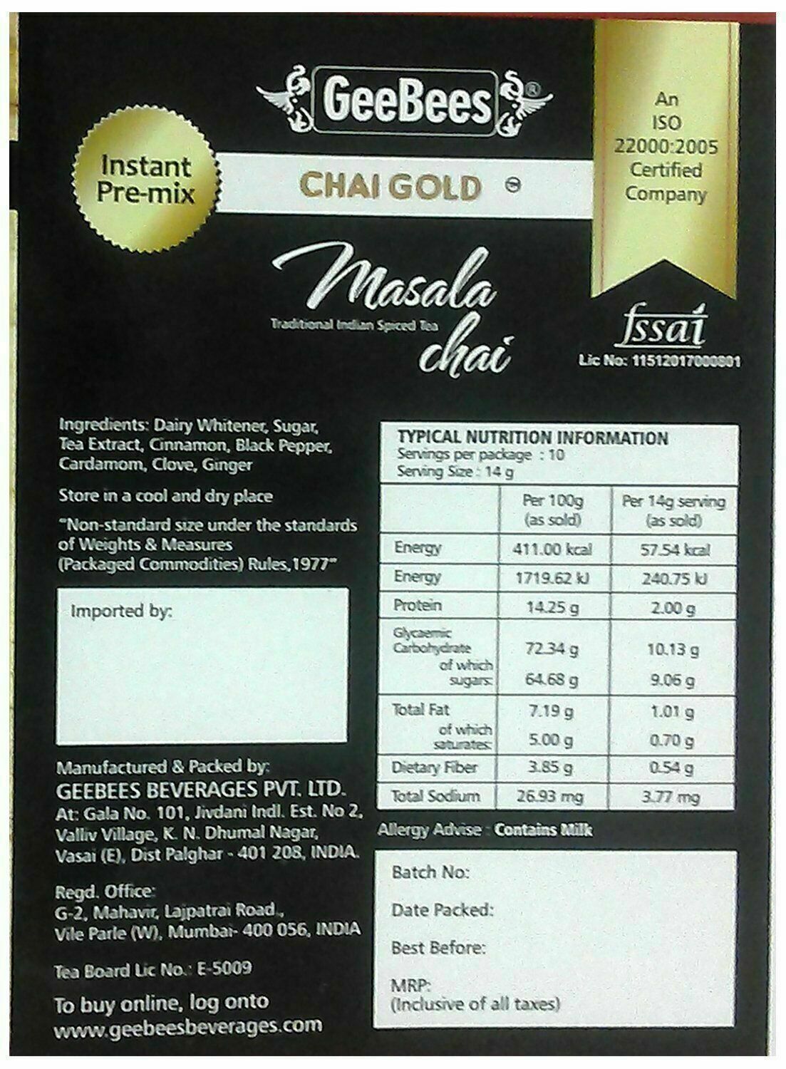 Geebees Chai Gold Instant Premix Masala Tea Sweetened – 140 Grams