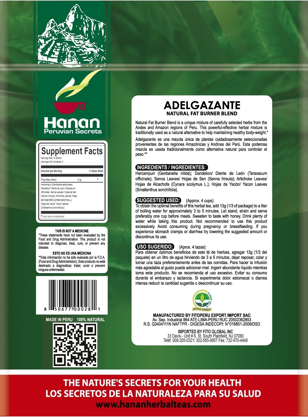 Hanan Peruvian Secrets Adelgazante| 100% Natural Fat Burner | 1.41oz / 40g