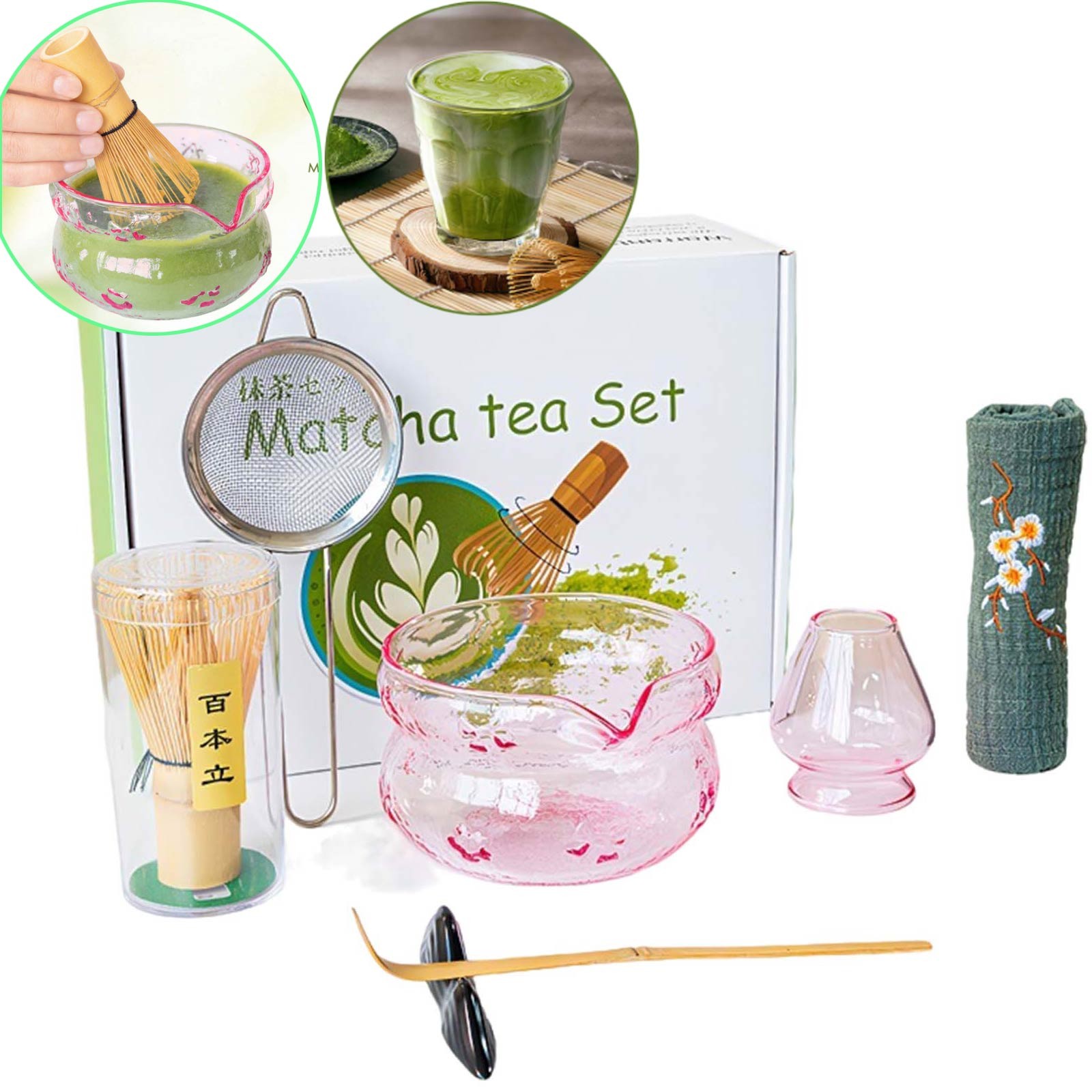 7Pcs Matcha Whisk Set Glass Matcha Tea Set Includes Matcha Bowl with Spout Scoop