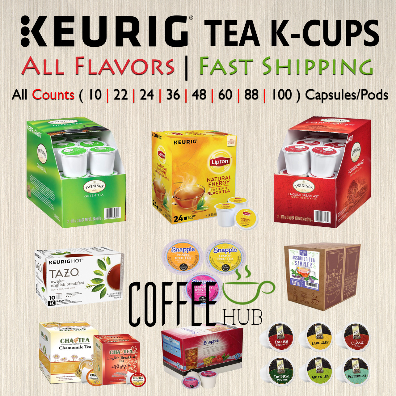 Tea K-Cups Pods 10 / 24 / 36 / 48 / 60 / 88 / 100 Capsule Keurig lot All Flavors