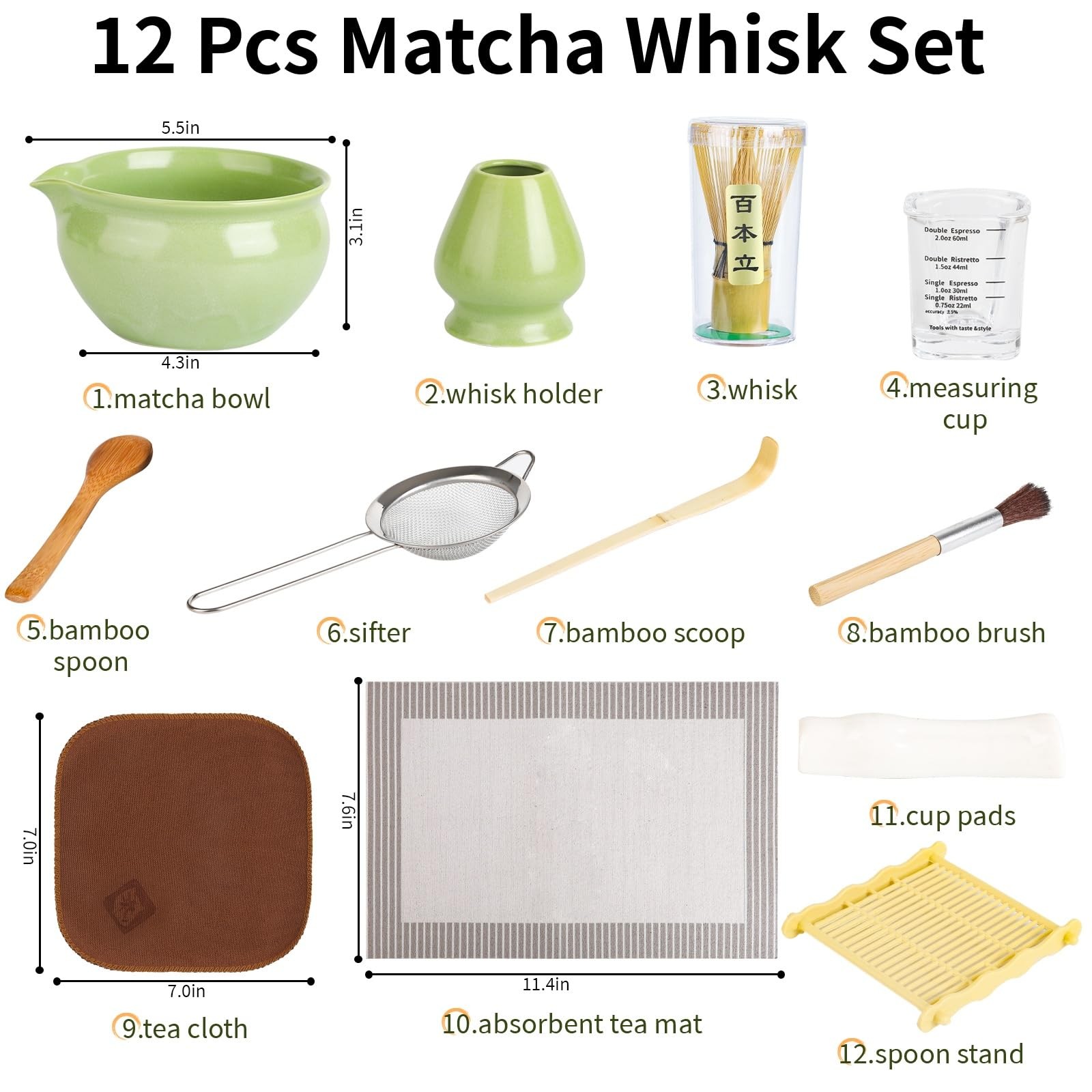 Matcha Whisk Set 12 Pcs – Includes 500ml Ceramic Bowl, Bamboo Tools – Perfect