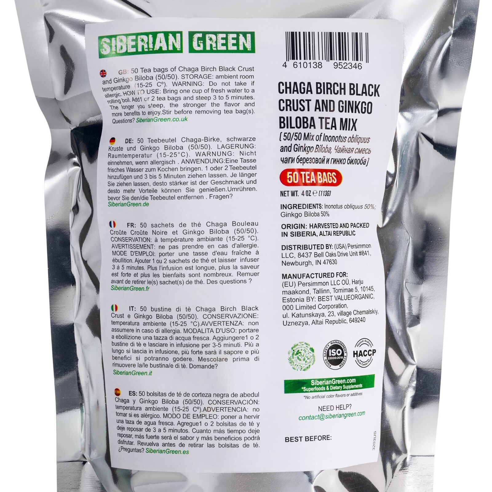 Siberian Green Ginkgo Biloba Tea with Chaga – 50 Tea Bags