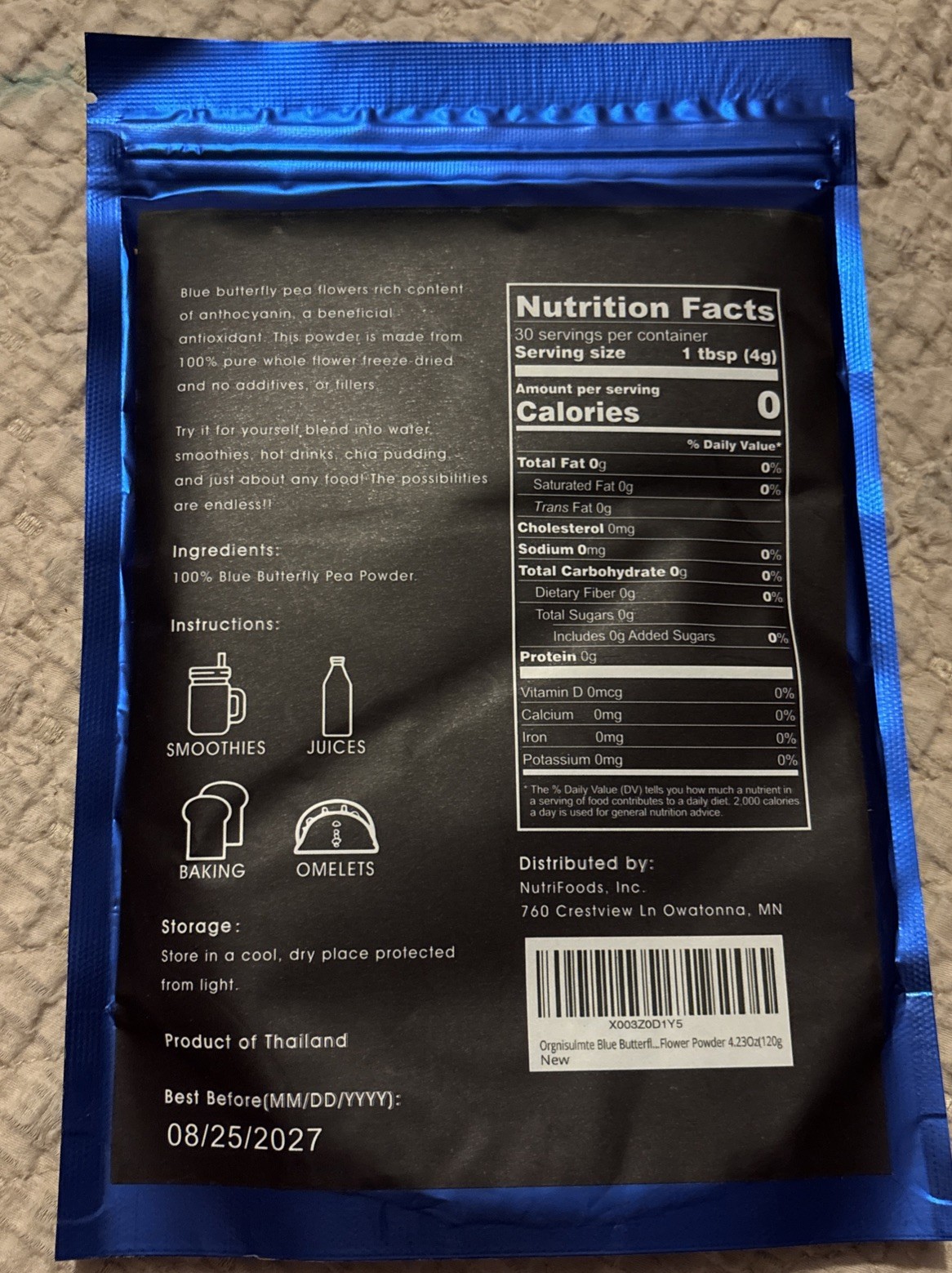 Orgnisulmte – Organic Blue Butterfly Pea Powder – 4.23 oz – 08/25/2027